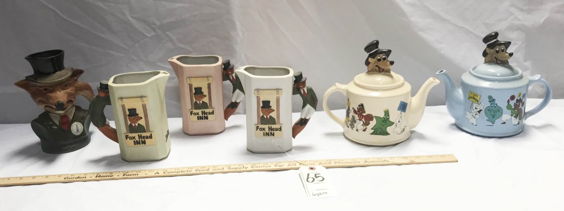 Lot of Beam and Wade Collectibles: (2) Character tea pots-Wade Pottery (1 blue, 1 white); (3) Fox Head in Pitchers (2 white, 1 pink); 1974 fox head pitcher