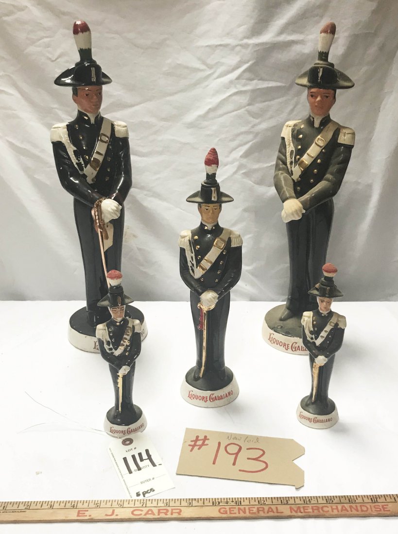 Grouping of Back Bar Items: (3) porcelain back bar figural soldier bottles, liquor Galli ….. Various sizes- (2) 19 1/2" T, (1) 13 3/4" T, (2) 8 1/2" T, 1 missing sword, minor wear