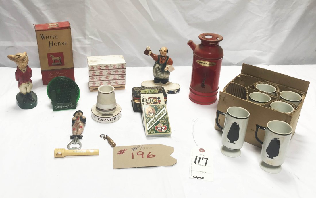 Grouping of Miscellaneous Bar Items: Bar Items including: pot metal fox form bottle opener, 6 1/2" T; Garnier liquor match holder w/sticker; Hobo form bottle opener; mini brass lock key chain; JD tin w/cards; set of 6 plastic Tanqueray G