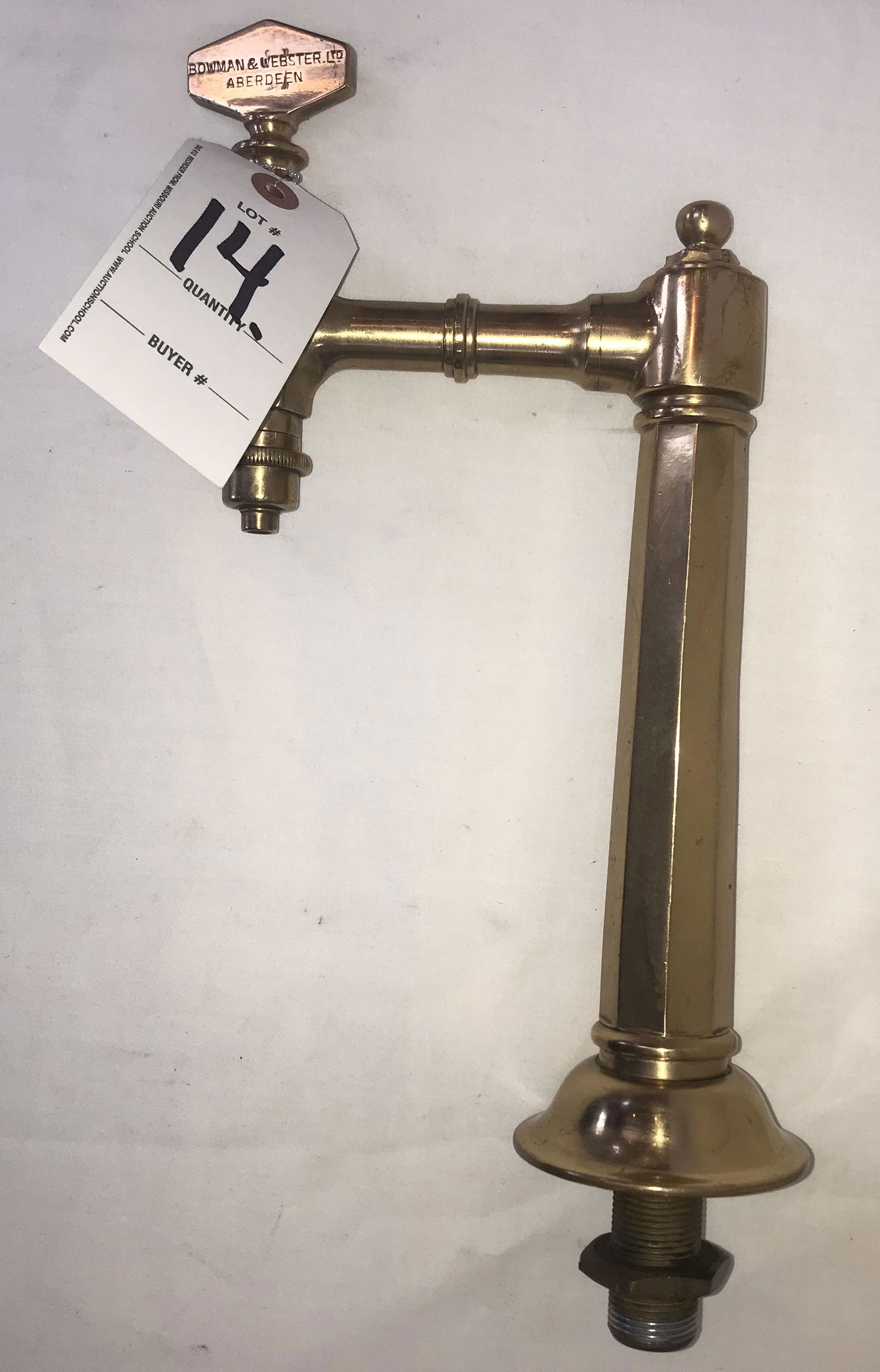 Vintage Wine Tap: Vintage brass wine tap, handle marked Bowman and Webster, Ltd., Aberdeen, octagonal column, approx. 12 1/4" T x 6 1/4" D