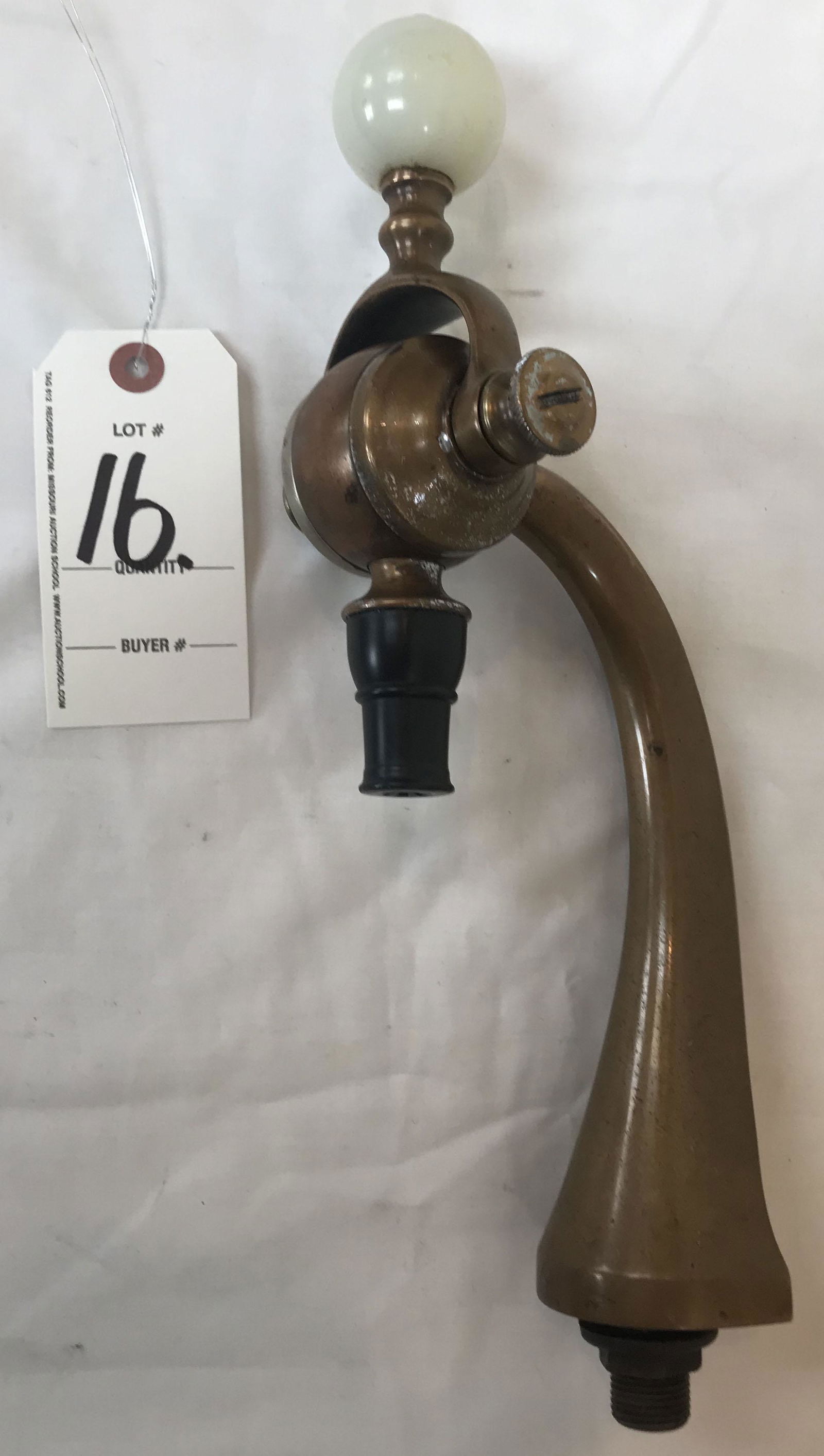 Vintage Ice Cream Soda Fountain Tap: Vintage brass ice cream soda fountain tap, round onyx handle swivels forward and back, Bakelite type spigot, some brass plating surface loss on swivels; overall 14 1/2" w/pipe (13 1/8" w/o pipe) x 4 1