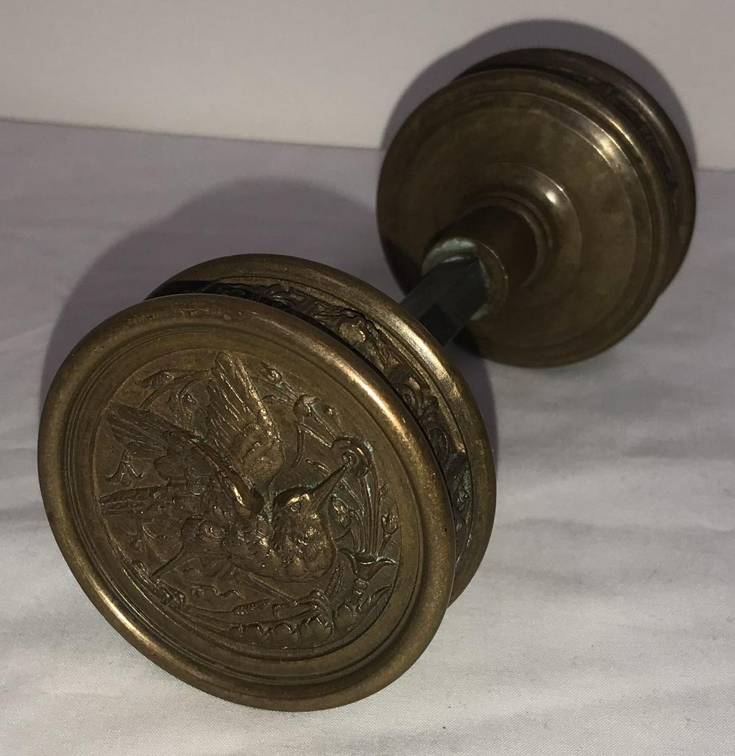 Vintage Door Knob Set: Vintage bronze door knob set, round handles w/raised hummingbird and floral decoration, missing 1 screw; knobs-2 5/8" diameter, overall-5 7/8" L