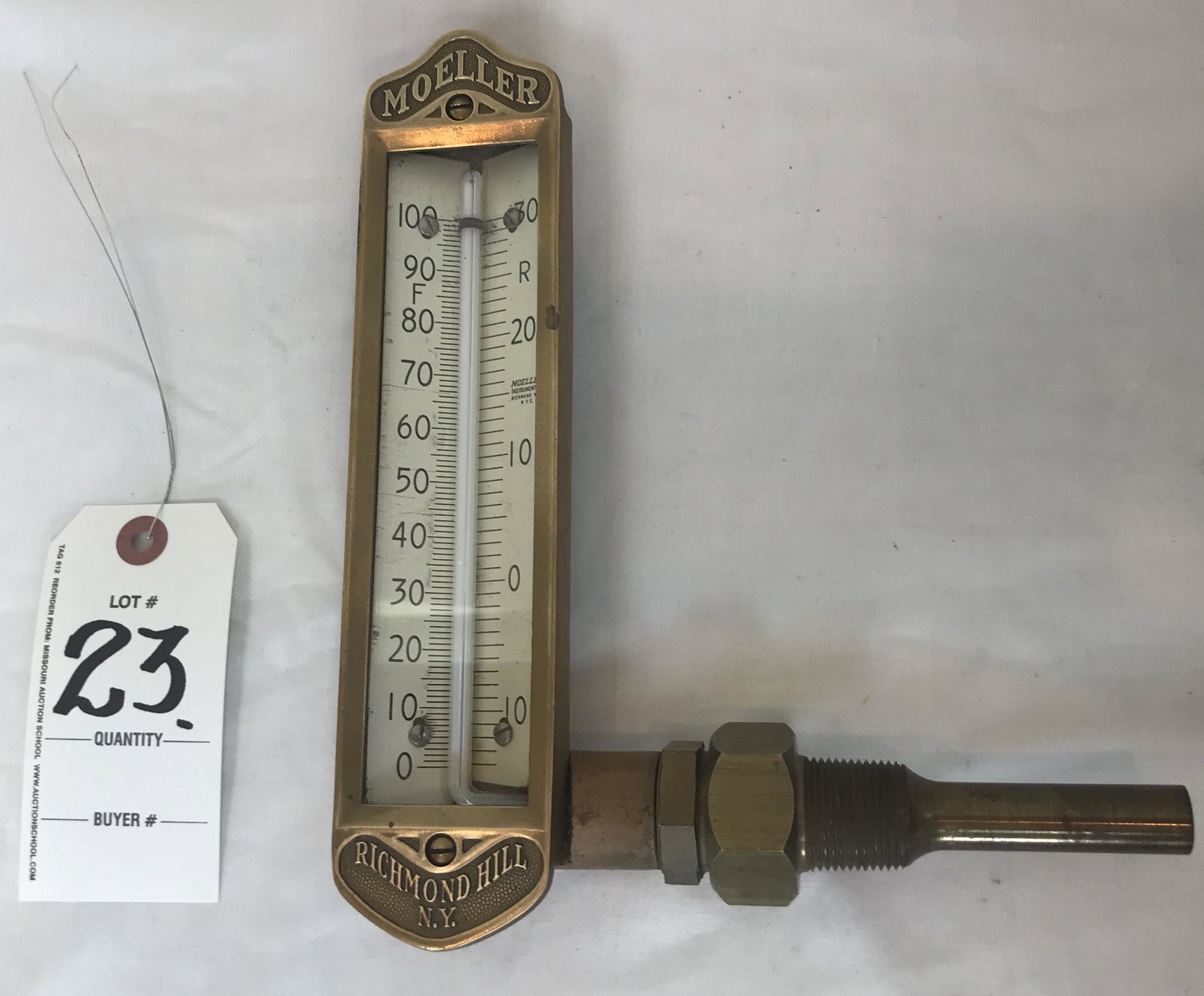 Vintage Brass Thermometer: Vintage brass thermometer w/brass coupling and pipe attachment, marked Moeller Instrument Co., Richmond Hill, NY, rectangular shape; thermometer-9 1/2" T x 2 3/8" W x 1 1/8" D; couple and pipe-5 3/4" 