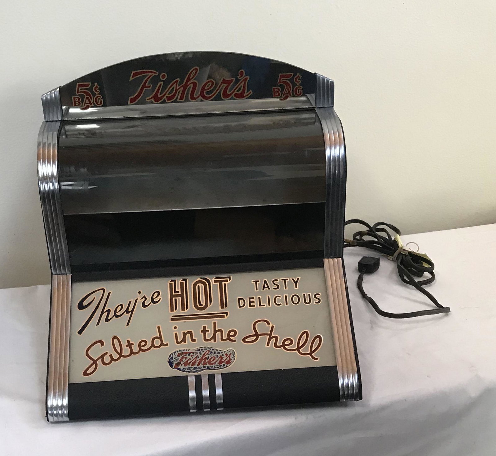 Vintage Salted Peanut Roaster/Countertop Display: Vintage Fisher's Salted Peanut Roaster/Countertop Display Cabinet, Art Deco style, in tin w/mirrored and glass panels, top and rear hinged doors, original electric cord badly frayed, 11" T x 12" W x 1