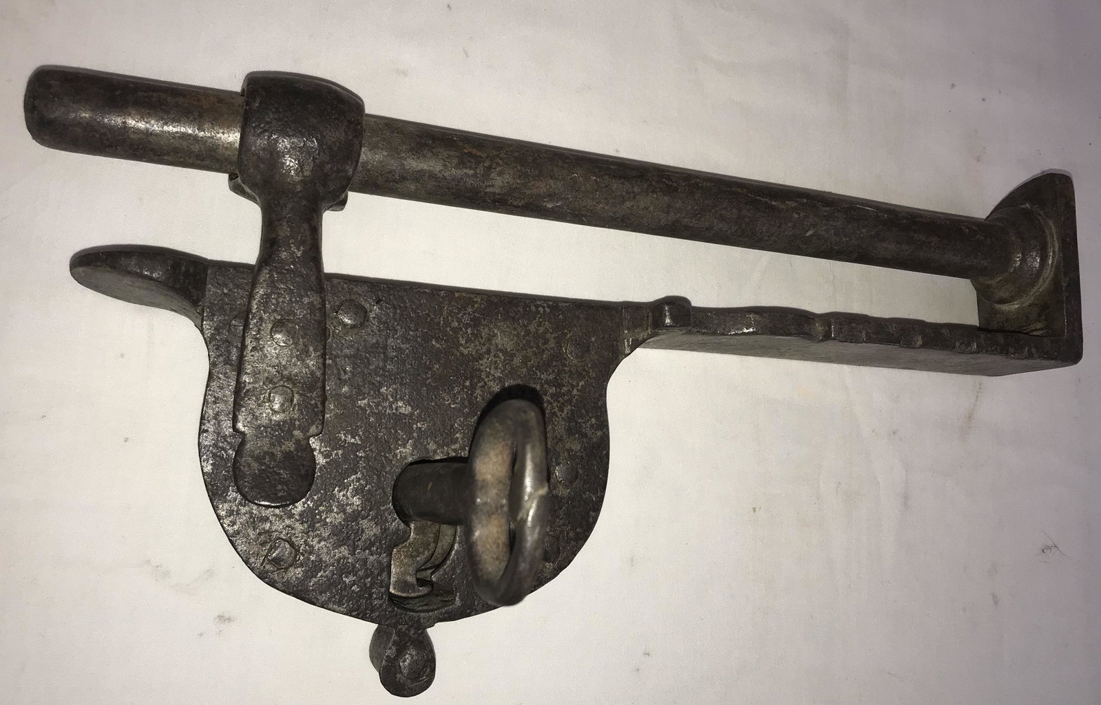 Vintage Heavy Wrought Iron Lock: Vintage heavy wrought iron lock w/key, some decorative scallop work; 15 1/2" L x 6 1/2" T; key-4 1/8" L
