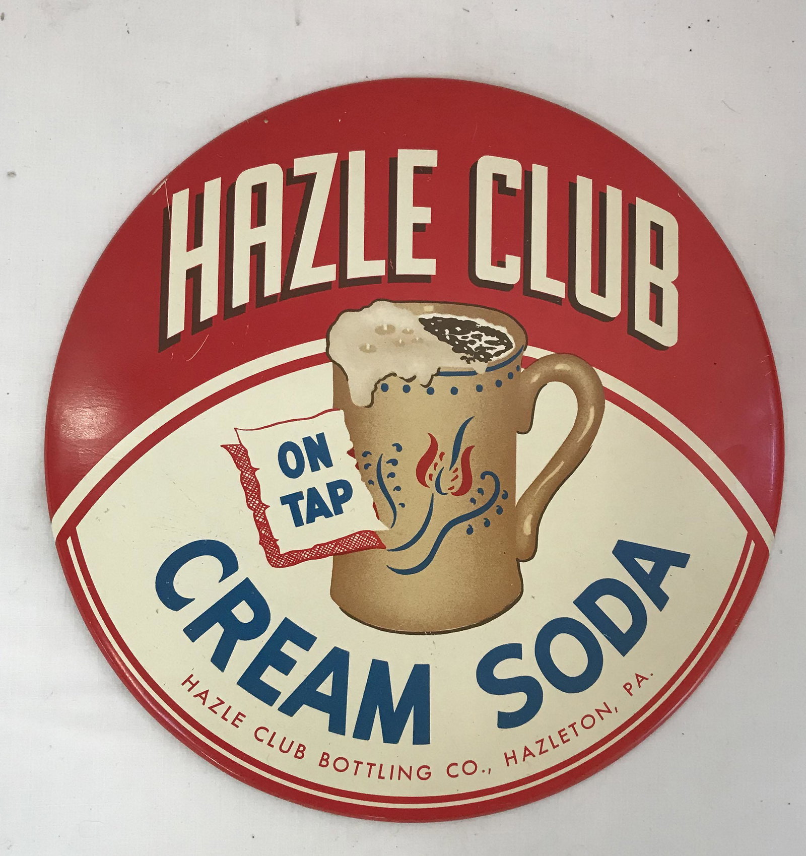 Vintage Ice Cream Soda Sign: Vintage tin ice cream parlor adveritising sign for Hazle Club Cream Soda On Tap, Hazle Club Bottling Co., Hazleton, PA, cardboard backing, paint shows some surface scratches, chipping and flaking, car