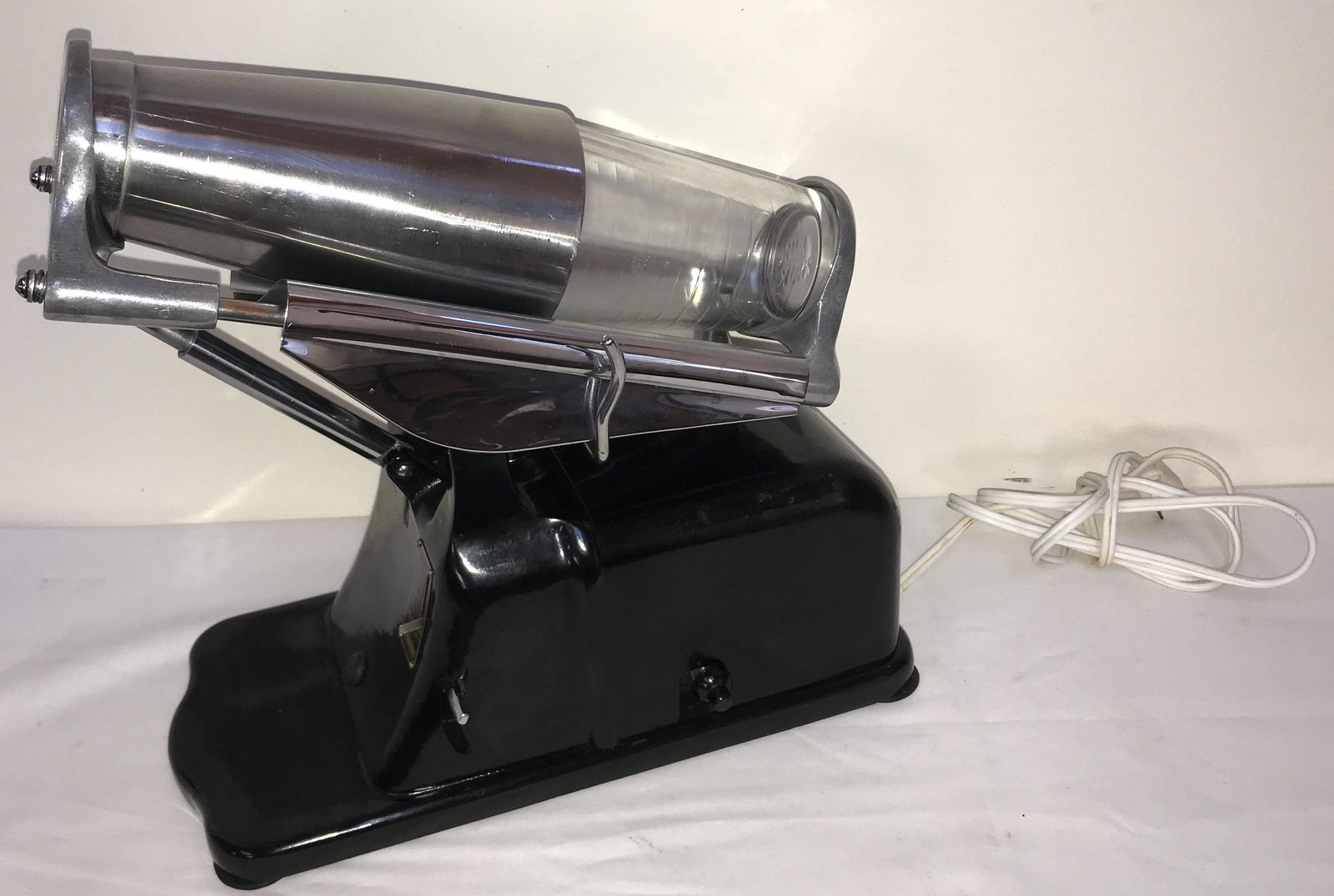 Vintage Bar Drink Mixer: Vintage bar drink mixer made by Shak-Rite, Rockford, ILL., black cast iron base w/nickel plated slide w/nickel plated and glass shakers, 15 second to 3 minute timer, serial no. A-1120, in working orde