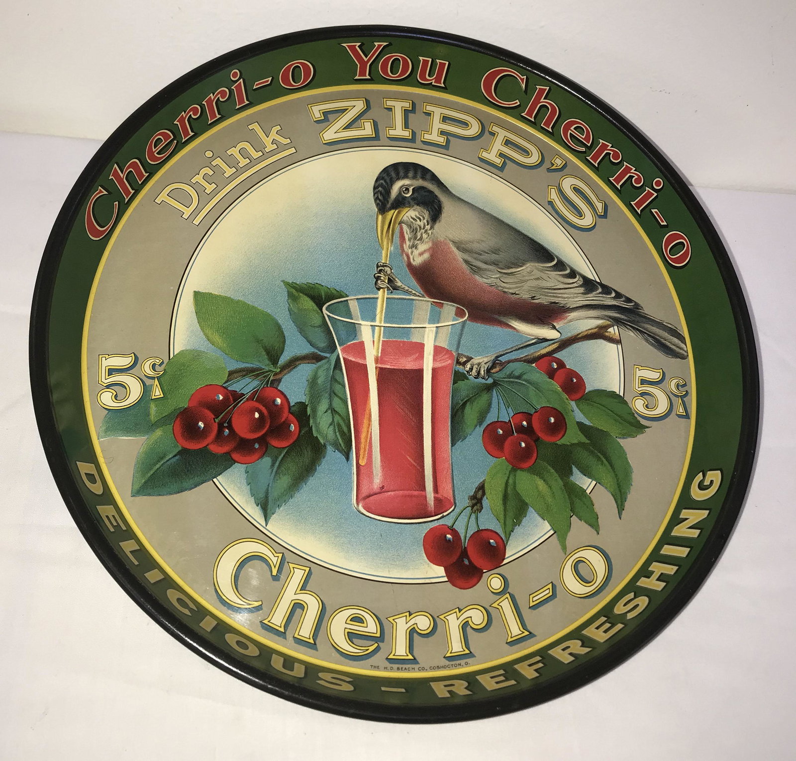 Tin Soda Tray: Tin soda fountain advertising tray, Drink Zipp's Cherri-O, 5 cent, marked the H.D. Beach Co., Coshocton, O., 12" diameter