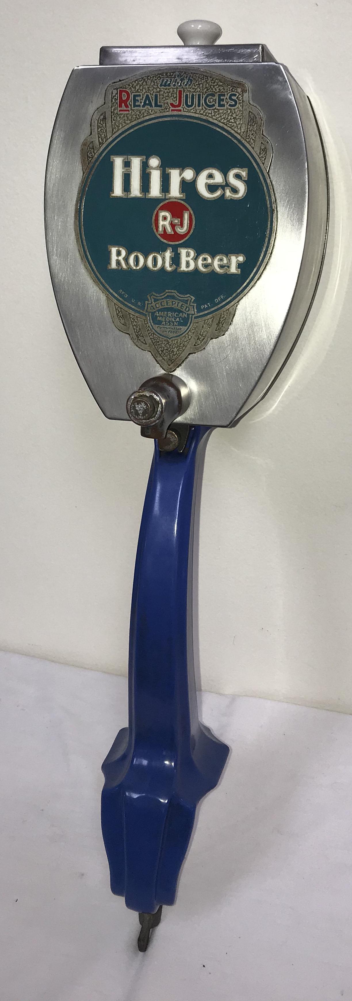 Vintage Hires Root Beer Soda Dispenser: Vintage Hires Root Beer syrup dispenser "Made With Real Juices", seal reading Accepted - American Assn. Committee on Foods, stainless steel tank w/lid and push button dispenser mounted on a blue cast