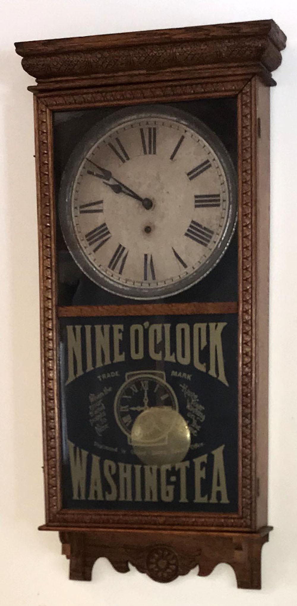 Vintage Oak Wall Regulator: Vintage oak wall regulator clock having a molded cornice w/incised diamond and dial carving over a door decorated w/shield and star carving, base w/center ring and rosette design, door has 2 glass pan