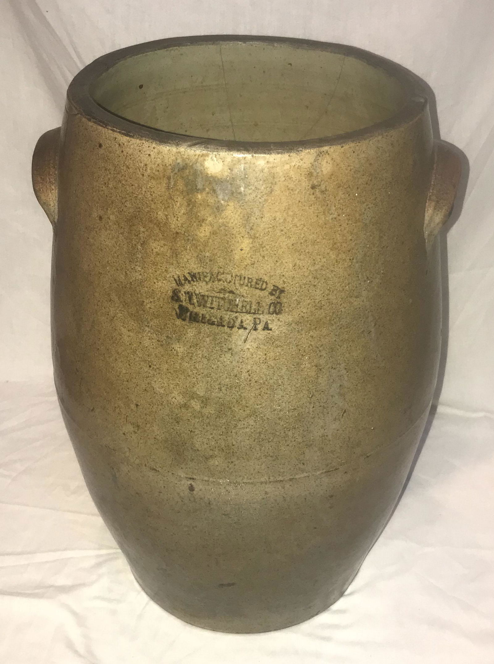 Gray Stoneware Pickle Crock: Large gray stoneware double handled pickle crock, Manufactured by S. N. Witchell Co (name may be incorrect-difficult to read), Philada. (Philadelphia) PA., no lid, interior round hole at base has remn
