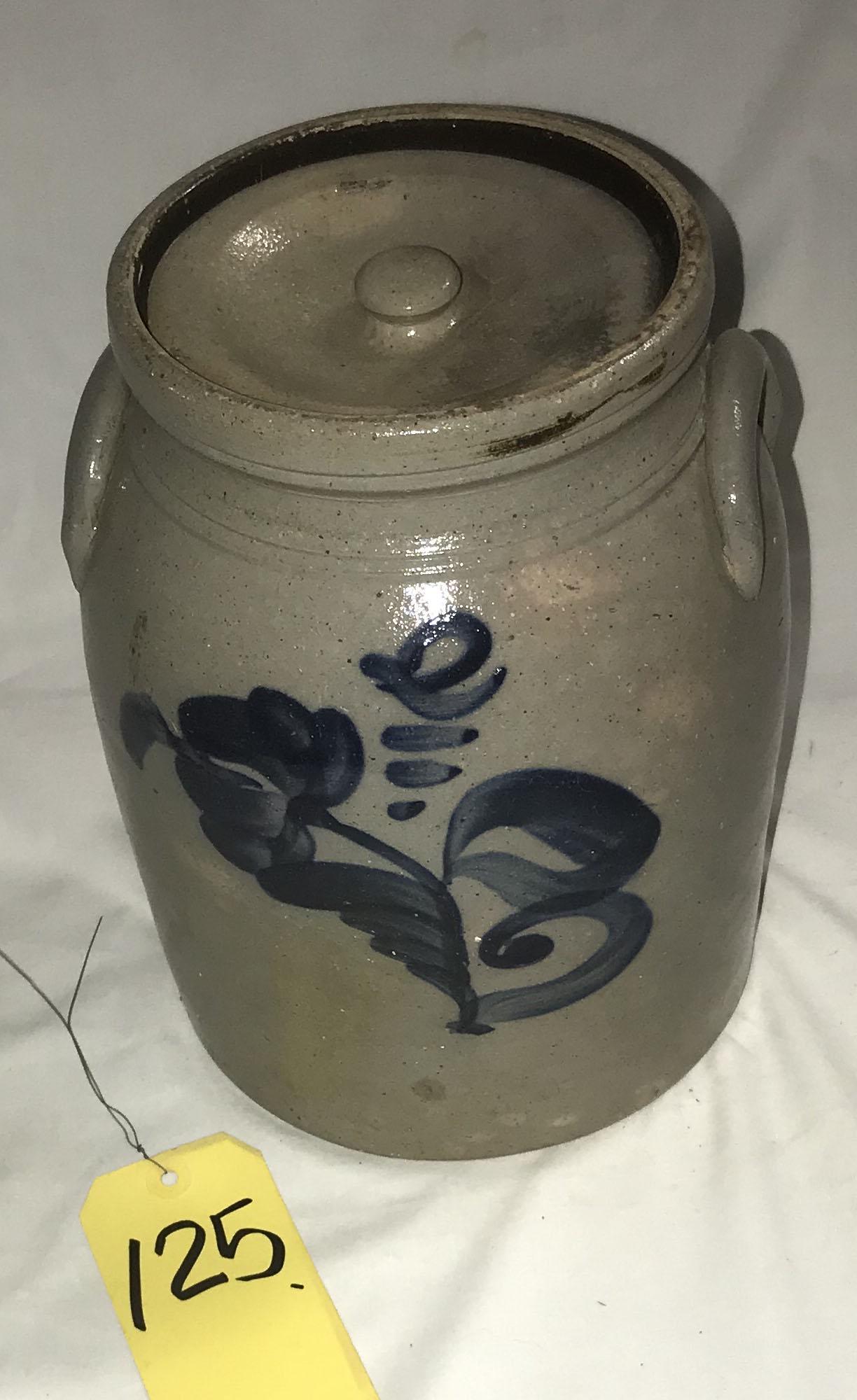 Blue Decorated Stoneware Jar: 19th century blue decorated gray stoneware jar w/2 handles and lid, flower and leaf design, good overall condition w/normal glaze, brown spots and slight discoloration, 10 1/2" T x 7 3/4" base diamete