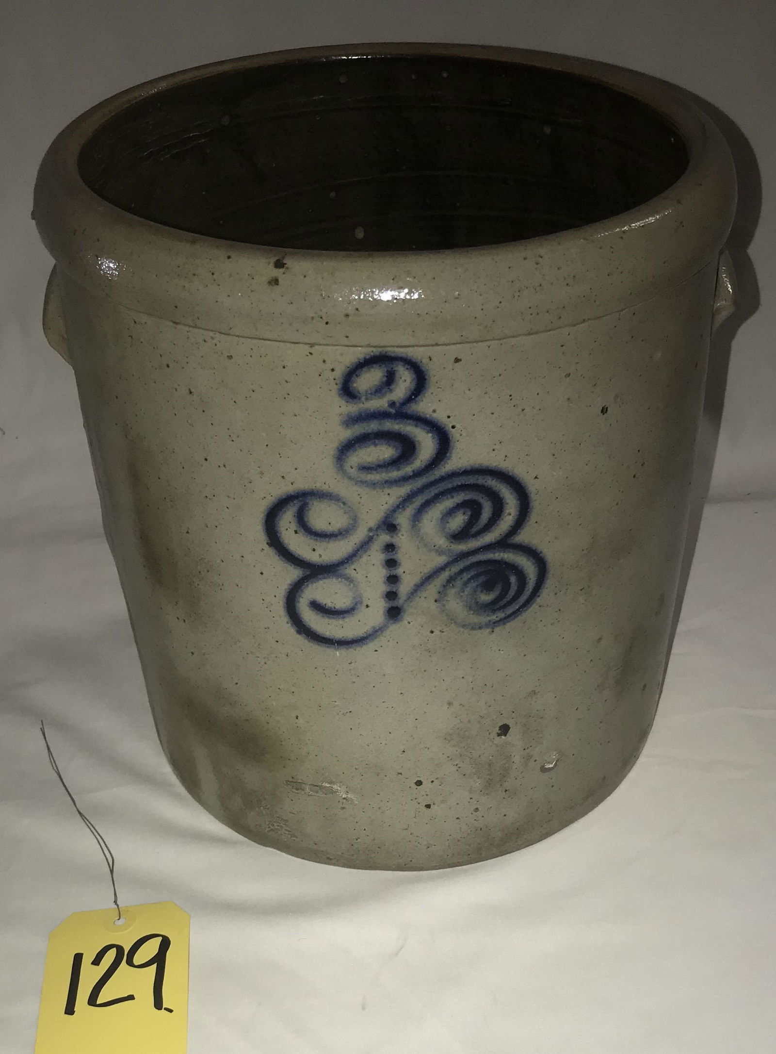 Blue Decorated Stoneware Crock: 19th century blue decorated gray stoneware 3 gallon crock, scrolled design w/dots, good overall condition w/normal glaze, discoloration, some "bubbles" visible in original making, slight chips visible
