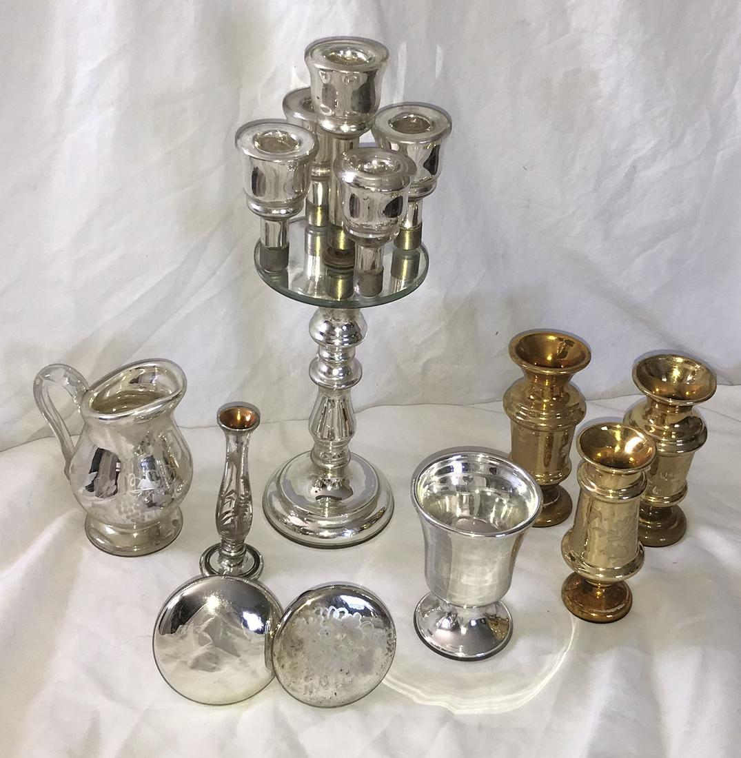 Grouping of 9 antique Mercury Glass pieces: silver: Grouping of 9 antique Mercury Glass pieces: silver candelabra w/5 holders on a round beveled glass mirror and column form base, 16 7/8" T x 5 1/2" diameter, mirror shows some loss of silver; silver pi
