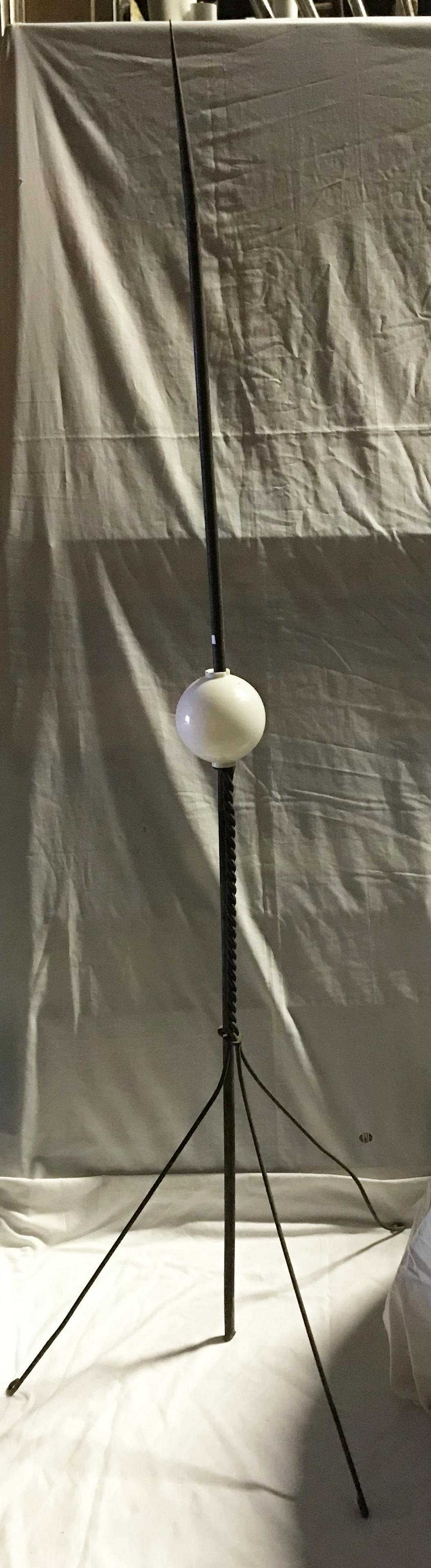 Antique Lightning Rod: Antique lightning rod w/tin and twisted iron stands w/3 legs AND 6 vintage glass ball ornaments: milkglass, 2 cobalt blue and 3 blue ornaments; stand approx. 68" T x base-27 1/2" W x 19" D; balls-each