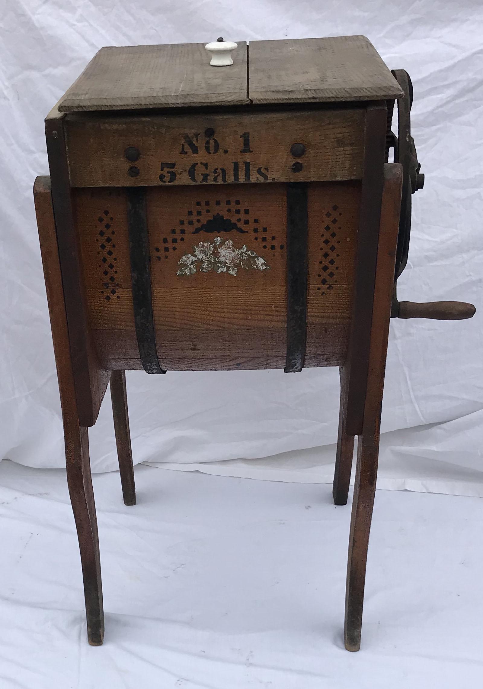 Antique Butter Churn: Antique country butter churn w/stenciled lettering marked manf'd by Standard Churn Co. Wapakoneta, O. USA, also marked No.1, 5 galls. on 4 legs, original crank, mechanism and interior wooden churn, fi