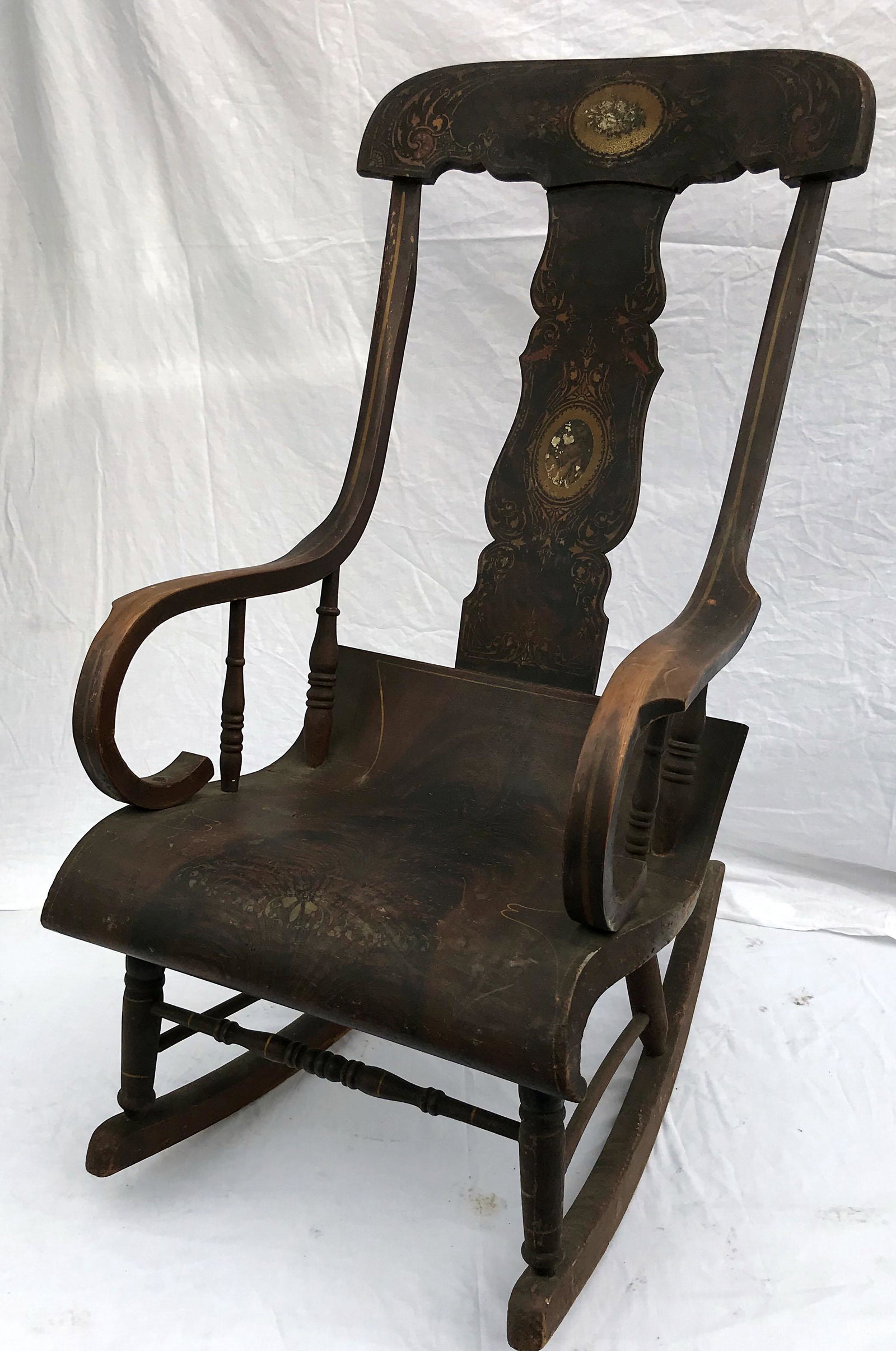 Splat Back Plank Seat Rocking Chair: Mid 19th century splat back plank seat rocking chair w/original painted decoration on crest, splat and seat, shows normal age, wear, scratches and scuffing, 42 1/4" back height x 16 1/2" seat height x