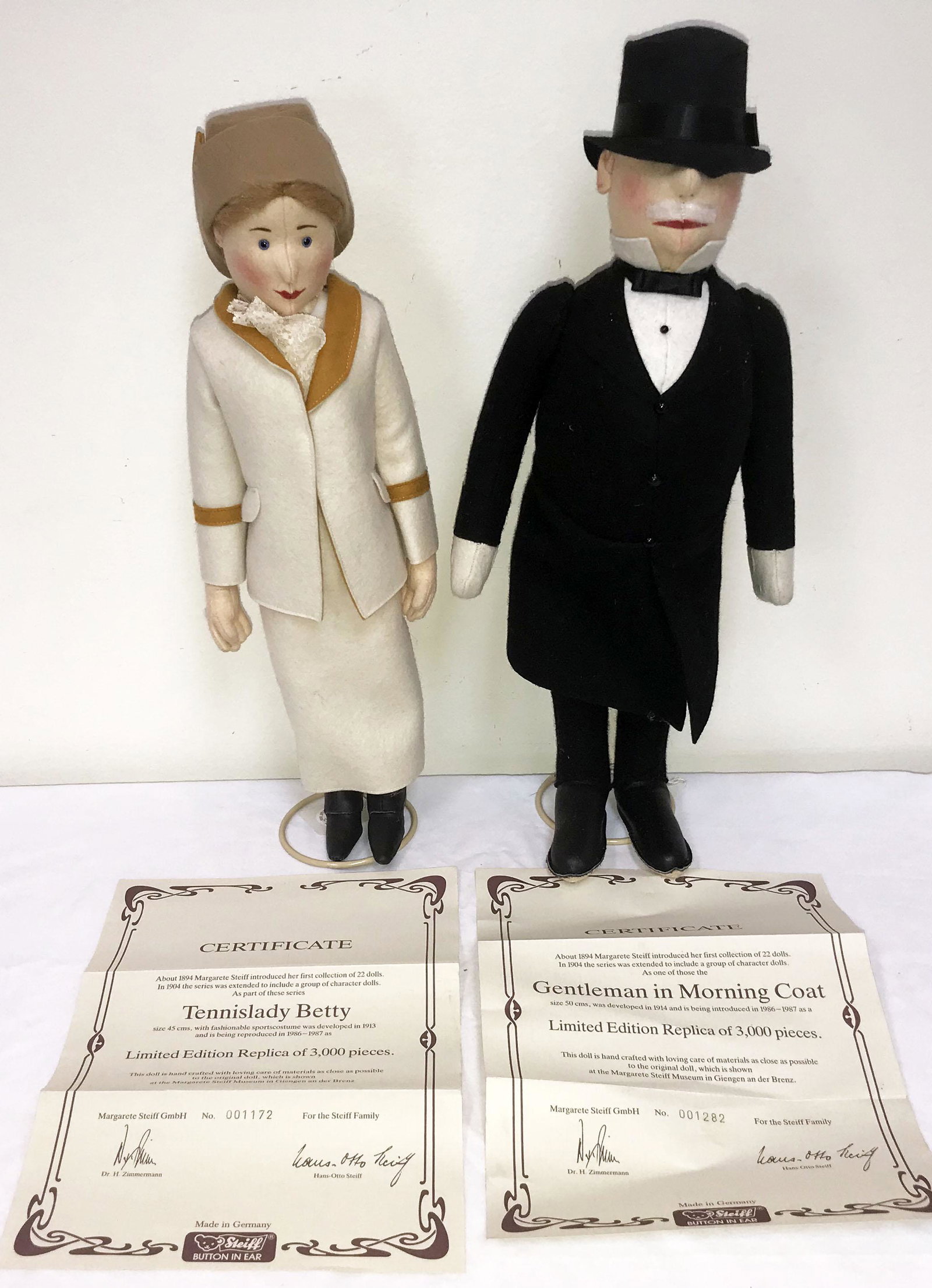 Pair of Steiff Felt Dolls: Pair of dolls box marked Steiff Felt Doll (Replica) Limited Ed. 3,000 pieces: Gentleman in Morning Coat, 18 1/2" T and Tennis Lady Betty, 17 1/2", both in good condition, both have Steiff button and t