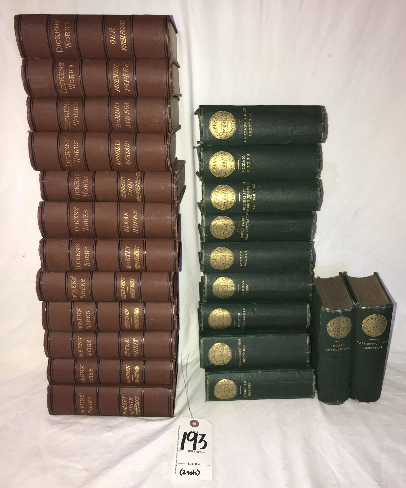 (2) Sets of 19th Century Literature: (2) Sets of 19th century literature: 1 entitled "Dickens' Works", 12 volumes: Barneby Rudge/Hard Times; Two Cities-Edwin Drood; Little Dorrit; Sketches/Great Expectations; Martin Chuzzlewit; Oliver Tw