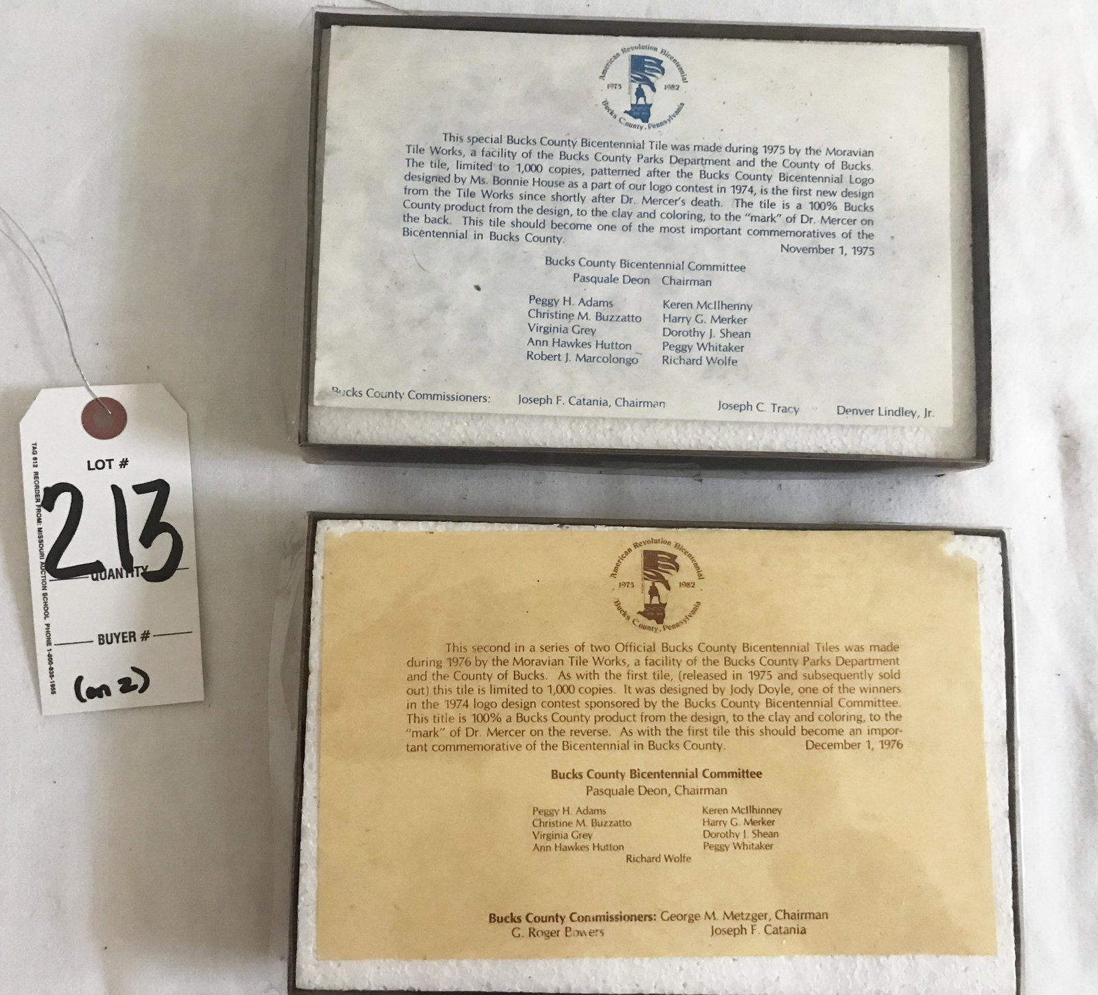 (2) Bucks County PA Commenorative Tiles: (2) Bucks County PA American BiCentennial Limited Edition Commemorative tiles made by the Moravian Tile Works in Doylestown, PA, Mercer mark on back of each tile, (1) dated 1975, (1) dated 1976, each 
