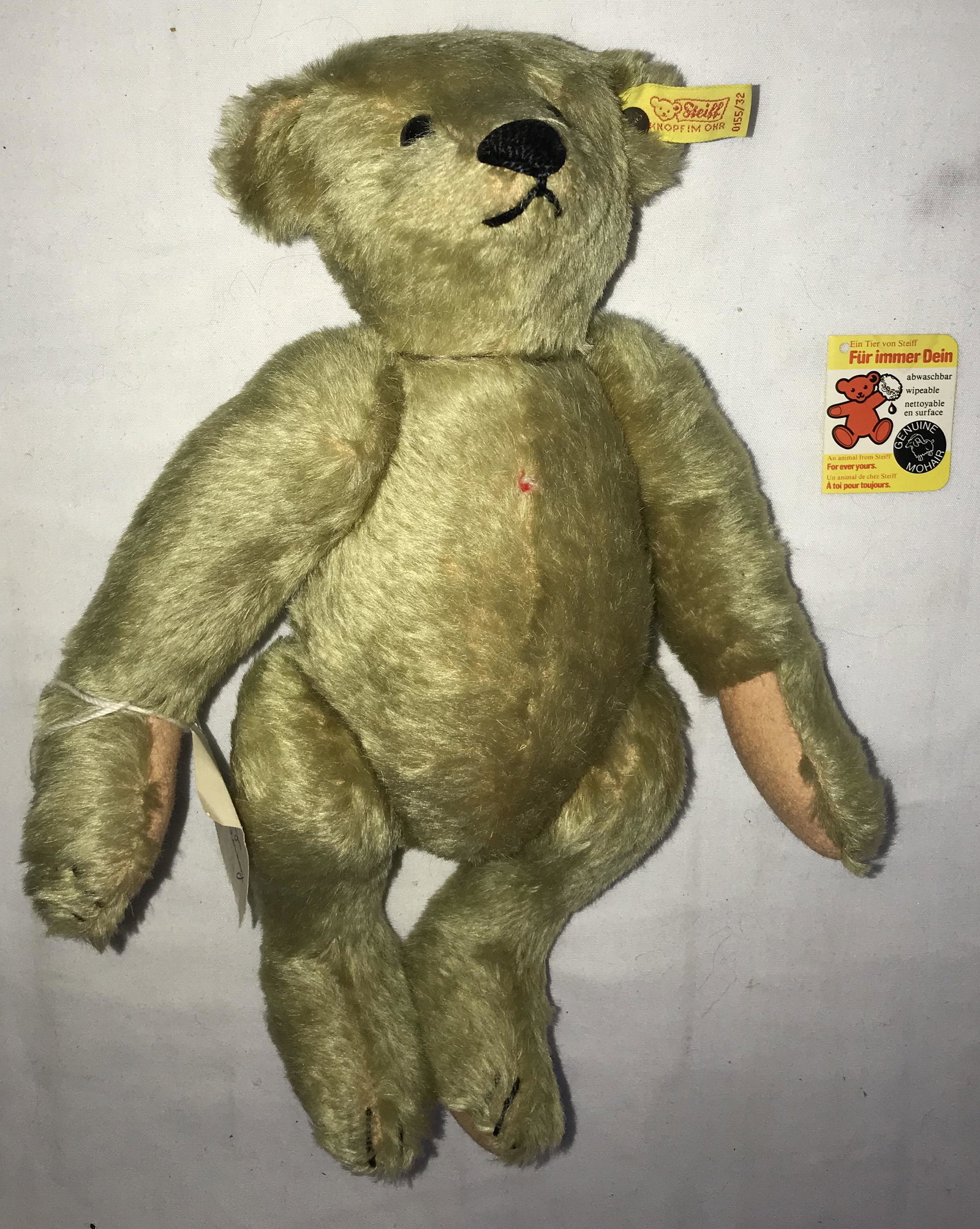 Steiff Teddy Bear: Steiff jointed teddy bear, w/ear button and yellow tag 0155/32, Made in Western Germany, paper tag unattached, 12" T