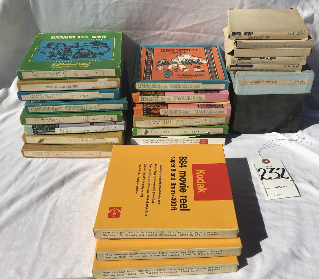 Grouping of 8 MM Movies: Grouping of (23) 8 MM movies. Condition of movies unknown. Catalogued as found cannot verify the movie in the box is actually what's titled on box--film has not been put through projector or otherwise