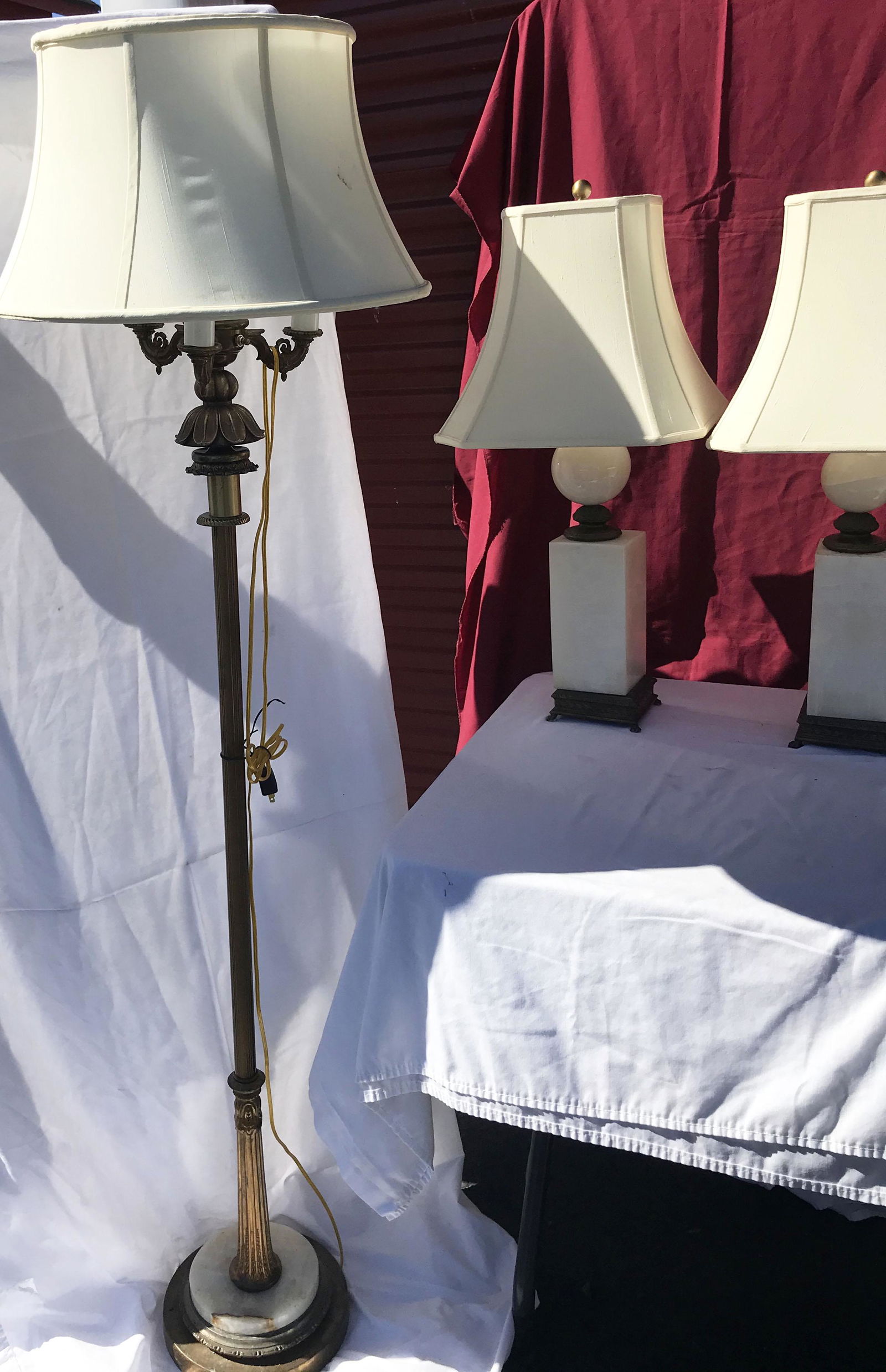 Group of 3 Vintage Lamps: Group of 3 vintage lamps: pair of white onyx table lamps w/square column, round ball ending on a metal square footed base, floral design, 1 ball has crack visible but may be internal, 1 lamp has visib