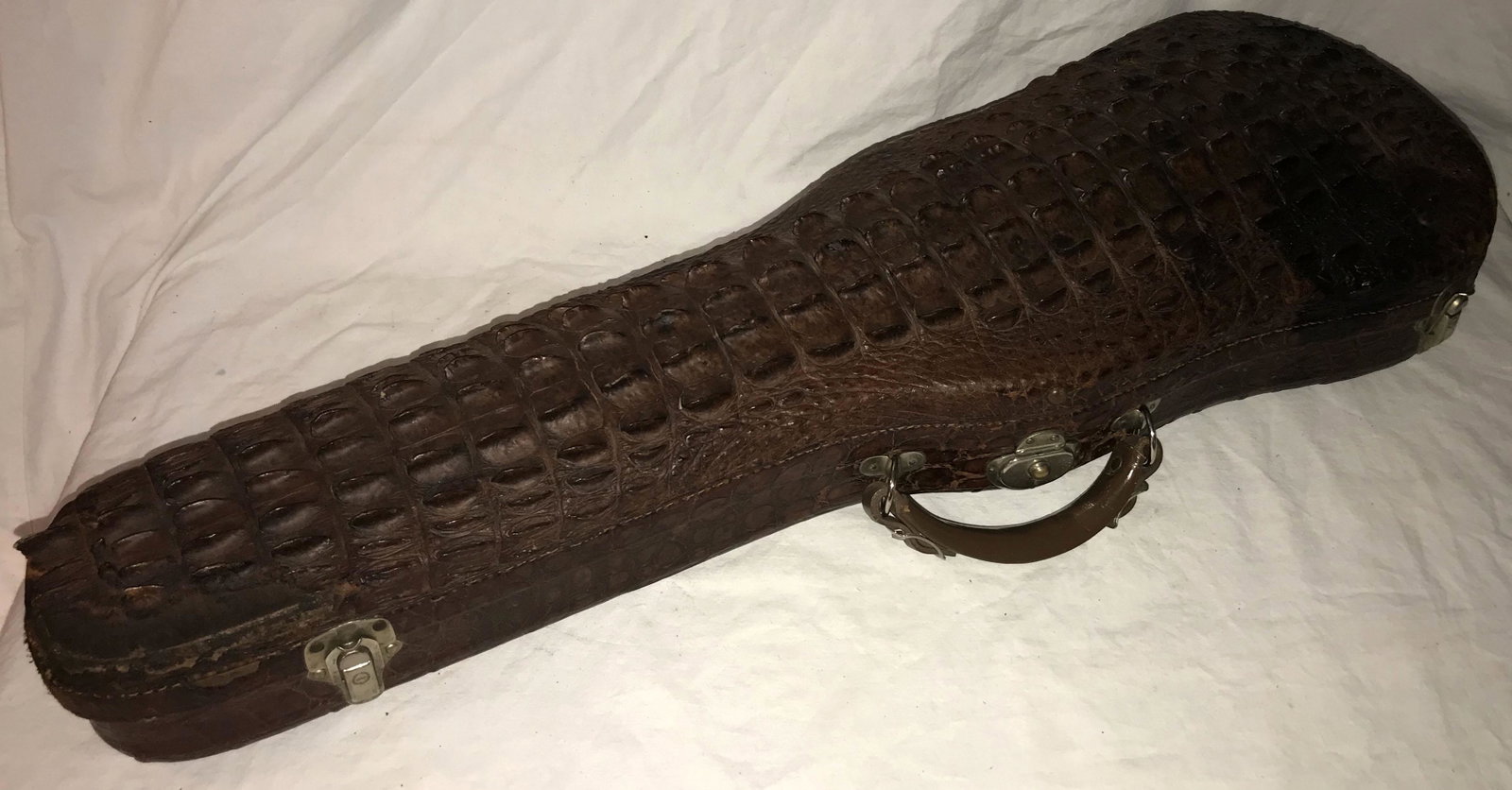 Alligator Violin Case: Vintage alligator hide violin case (no name), latches are marked Eagle Lock Co., Terryville, CONN, USA, blue velvet interior, exterior top of case shows damage: narrow end section of hide missing, low