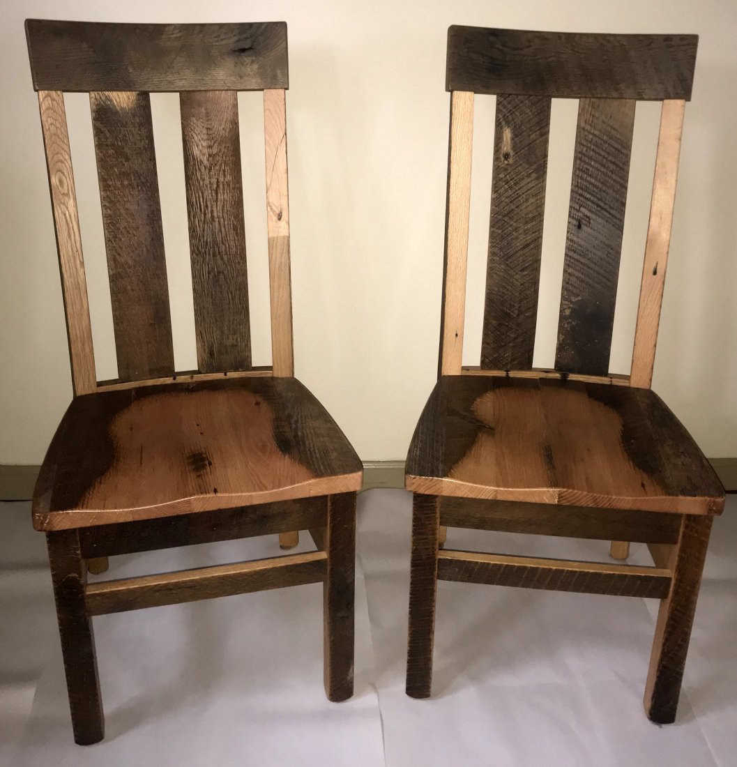Set of Rustic Barn Lumber Chairs: Set of 6 rustic "barn lumber" splat back dining room chairs, 2 armchairs and 4 side chairs, repurposed and constructed from old lumber, marked on bottom of chair w/paper label "Peaceful Valley Furnitu