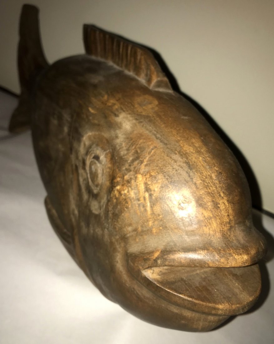 Carved Wooden Fish: Folk Art carved wooden fish figure, round hole on bottom (may have rested on a pole or stand), 8 3/4" T x 18 1/2" L x 3 3/4" W