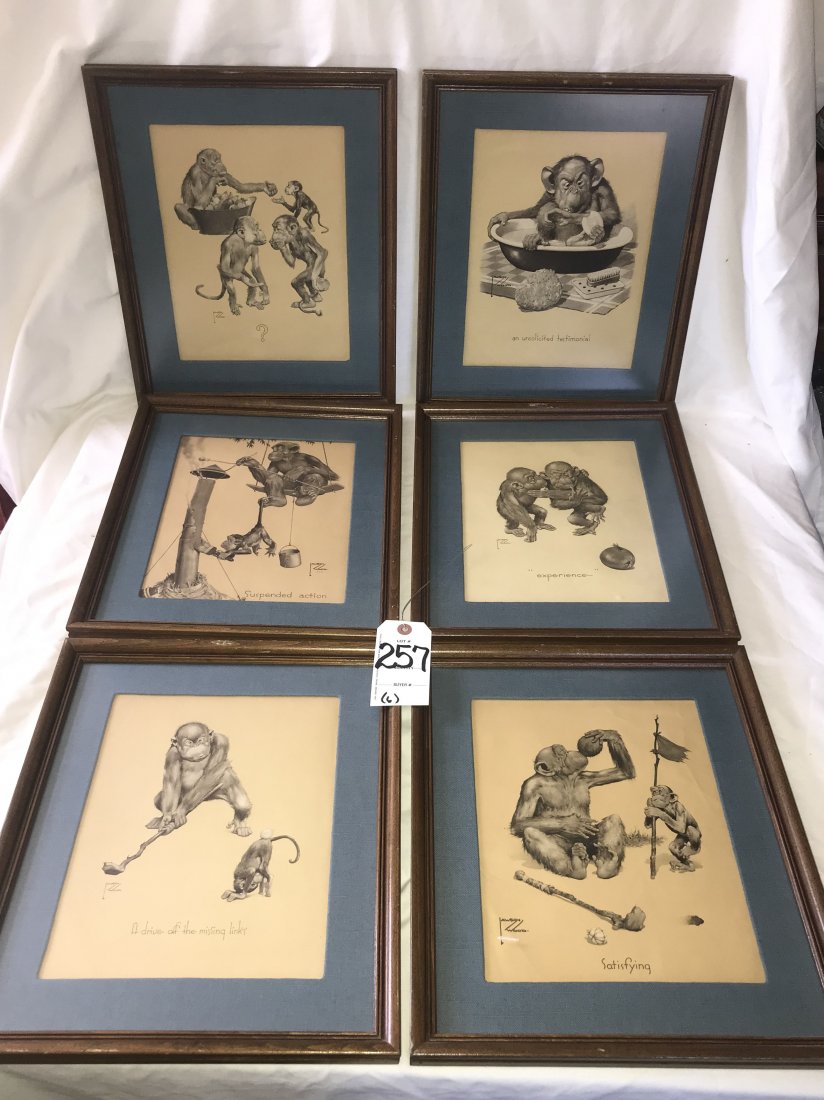 Collection of 6 Lawson Wood Prints: Collection of 6 Lawson Wood prints, various scenes of monkeys w/titles: Suspended action; an unsolicited testimonial; Satisfying; A drive off the missing link's'; "experience"; ?; all mounted in woode
