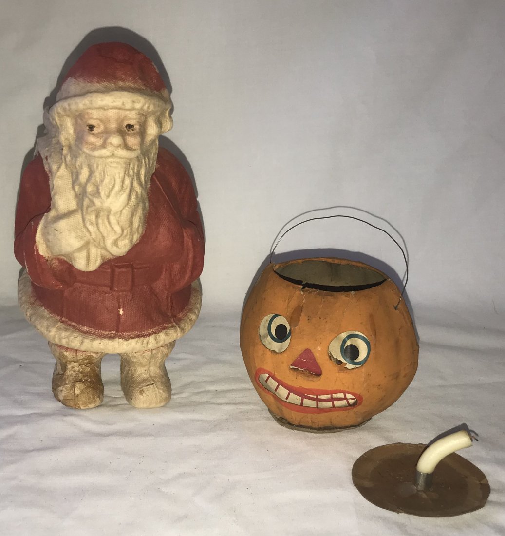 Vintage Paper Mache Grouping: Vintage paper mache grouping: Jack O Lantern w/wire swing handle, w/paper insert of eyes, nose and smiling mouth; candle insert on paper base-inscribed in pencil Helen 1913; lantern-old original condi