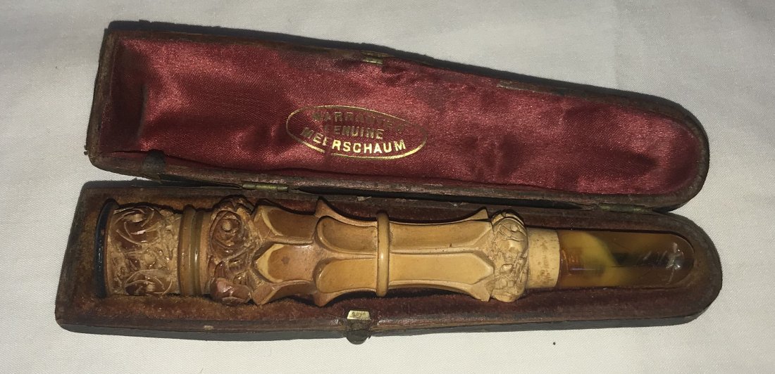 Vintage 19th Century Meerschaum Cigar Cigarette Holder: Vintage 19th century meerschaum cigar cigarette holder, carved floral design, amber type mouth piece, in original case, case shows wear throughout and some surface loss, case approx. 5 1/4" L