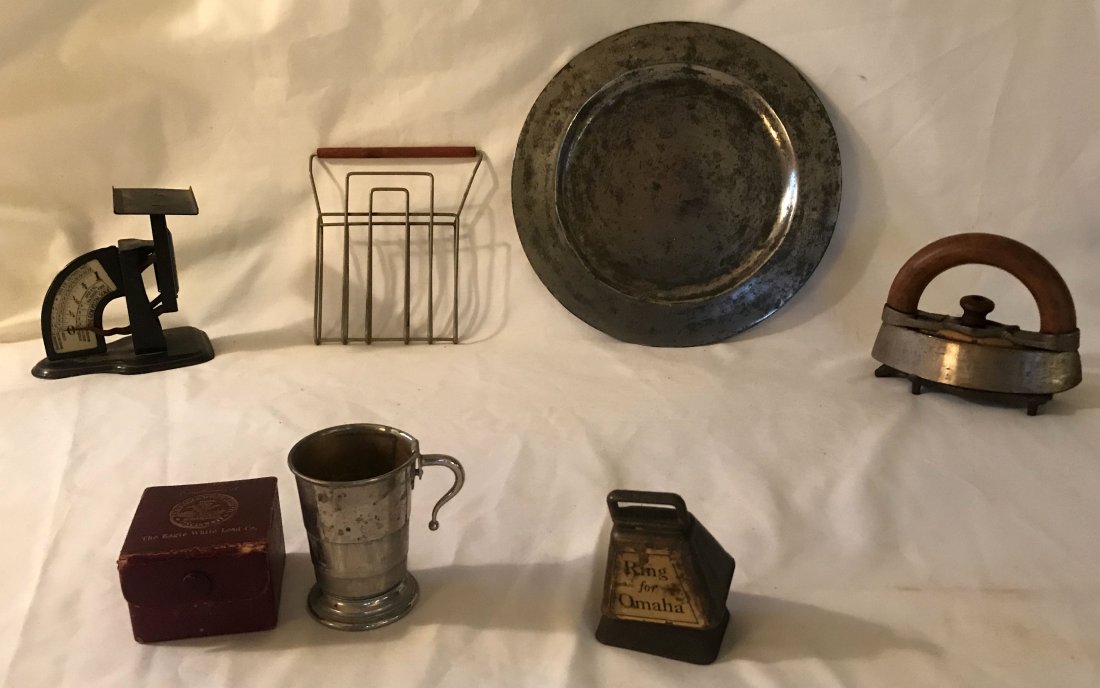 Vintage Group of Metal Wares: Vintage group of metal wares: Gem postal scale in black paint w/floral stencil design, 4 1/2" T; wirework rack w/wooden handle, nickel plated finish, 5 7/8" T x 5 1/8" W; small sad iron w/removable wo