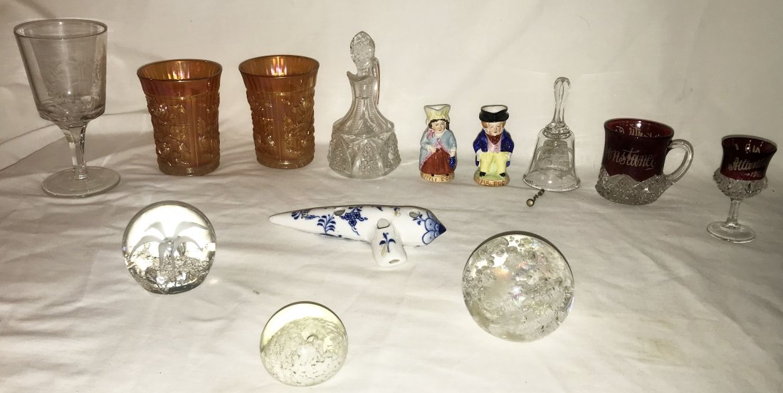 Grouping of Glass and Porcelain Collectibles: Grouping of glass and porcelain collectibles: Atlantic City souvenir mug dated 1905, 2 3/4" T; Atlantic City stemmed cordial goblet, dated 1905, 3 1/4" T; delicate glass hand bell, etched design, bras