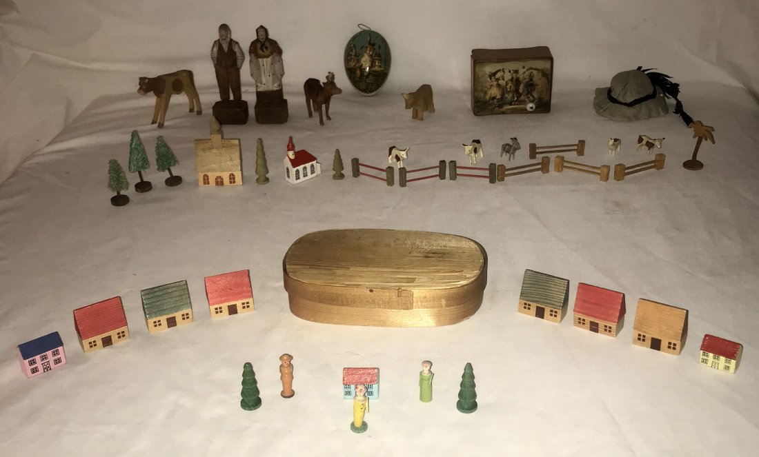 Grouping of Collectibles: Grouping of collectibles: a small Victorian music box w/crank handle having a wooden case w/decal scene of dancing figures, plays, wooden case missing some original wood on lower left side, back panel