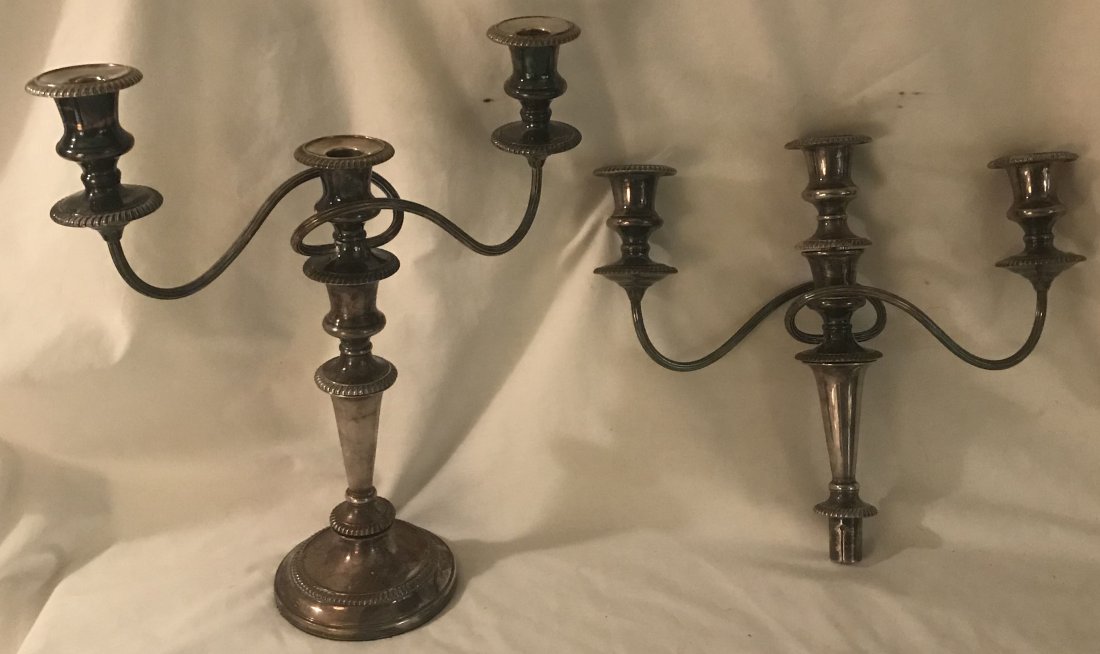 Candelabra Grouping: Candelabra grouping: English plated silver candelabra center stick w/2 branches in sections, base marked Barber-Ellis, Made In England, 6 sections w/1 base and 6 bobaches, 14 3/4" T x 5" base diameter