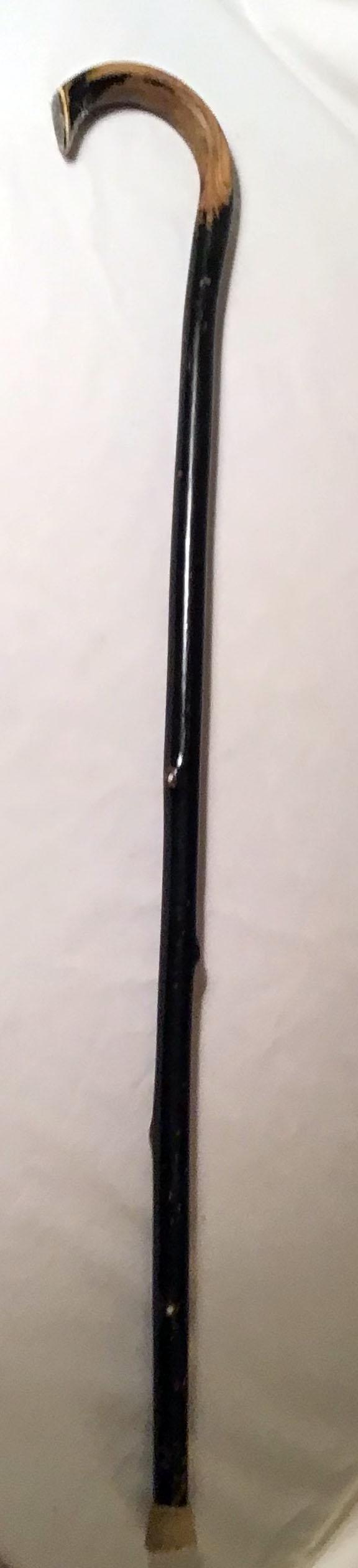 Vintage Wooden Cane: Vintage wooden cane, knarled design w/white inlay dots, black finish showing old wear, engraved oval shaped silver colored plate on end of hand grip reading "Col. D. Sohl, 1861", plate is loose & has 