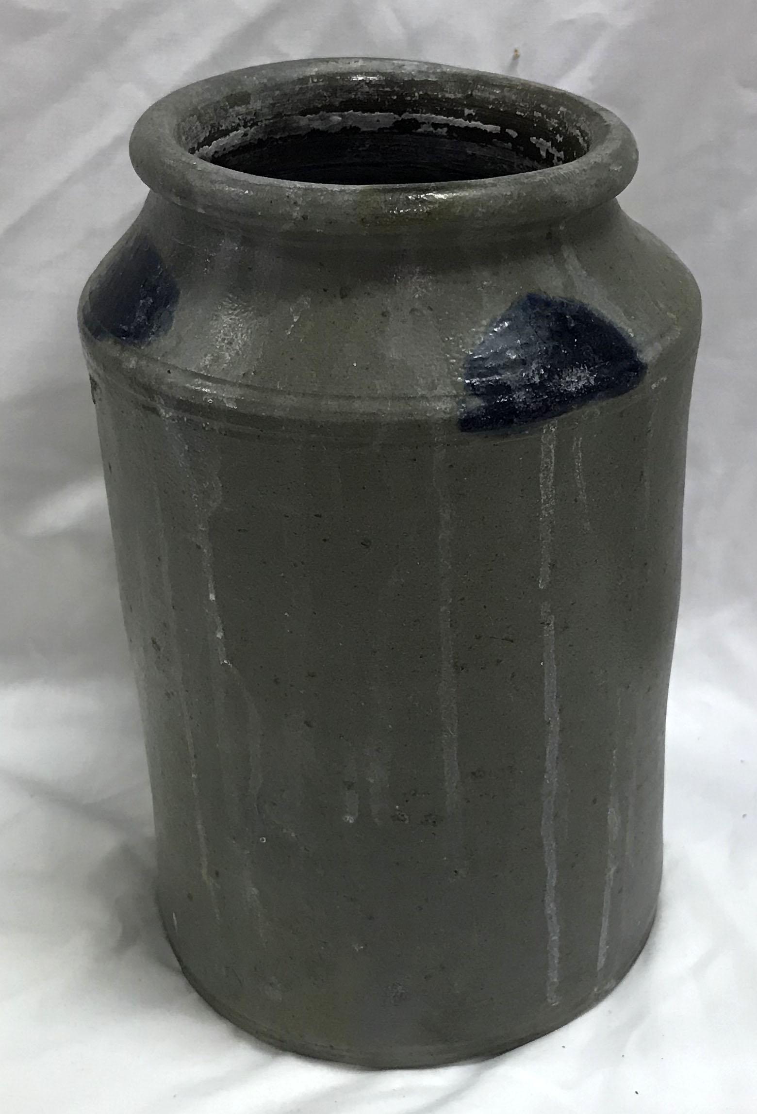 Blue Decorated Stoneware Crock: Blue decorated stoneware crock, "irregular" at top, mineral/water residue visible, 10 1/2" T x 6 3/4" base diameter