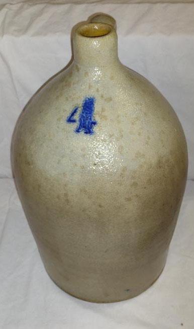 Blue Decorated Stoneware Jug: Antique blue decorated stoneware jug w/handle, #4, normal wear & tear, 17 1/2" T x 10" base diameter