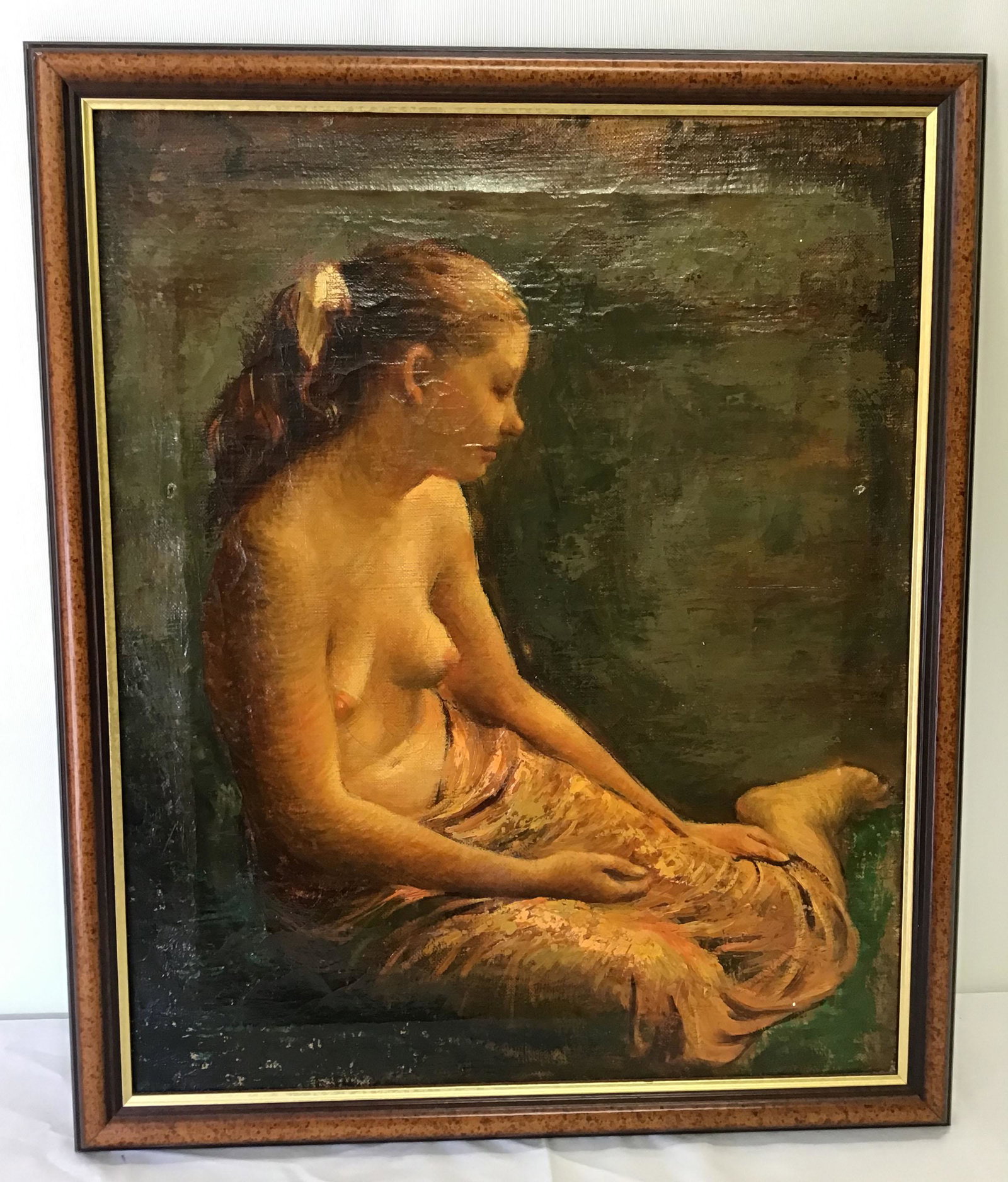 Oil On Canvas Nude: Oil on canvas portrait, scene of a partially nude young woman in seated position, unsigned, mounted in a newer frame, image-22" x 18"; frame-24 1/4" x 20 1/2"