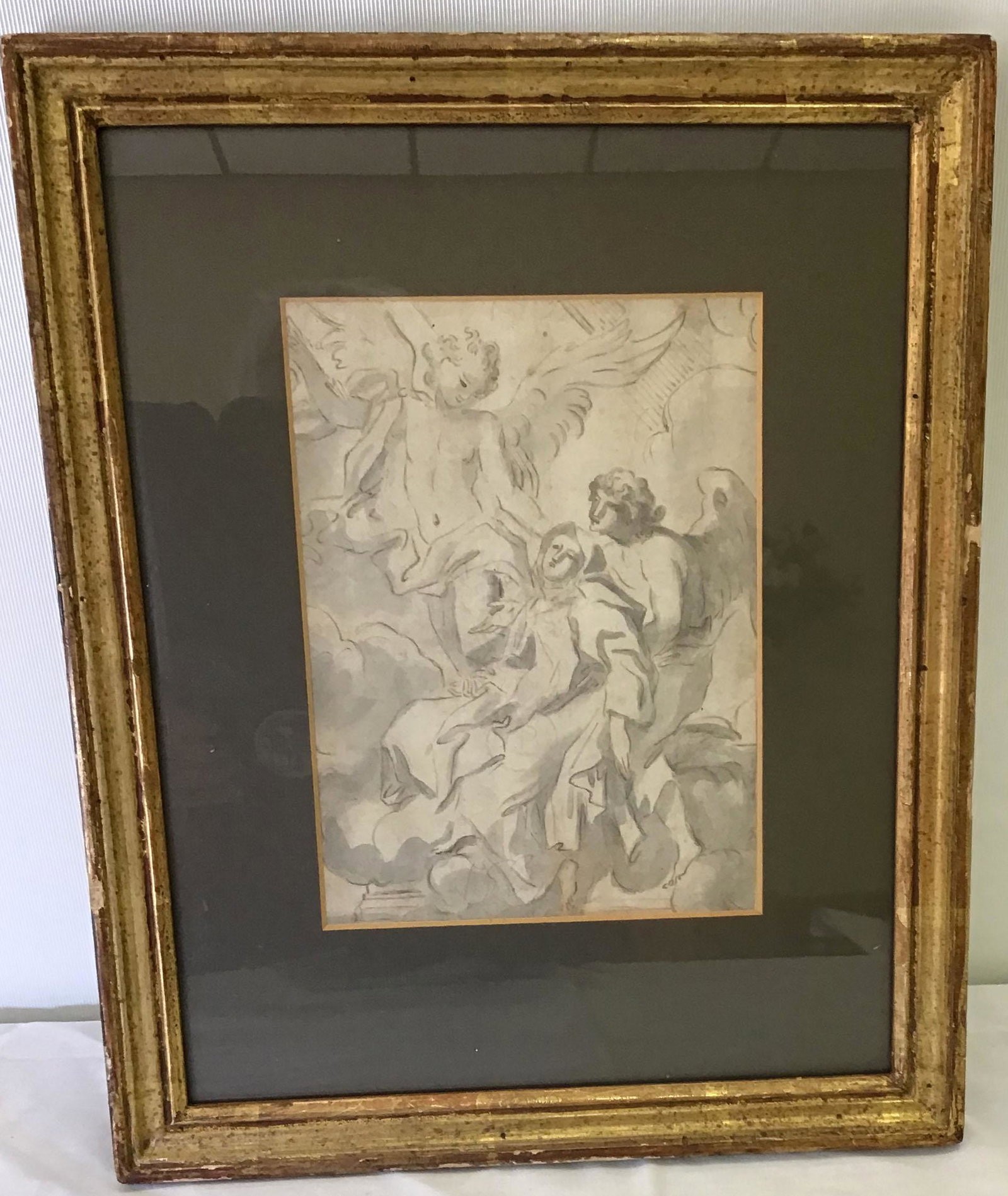 Mixed Media Sketch: Mixed media sketch w/watercolor, religious scene w/angels & lady in hooded gown, unsigned; image-7 5/8" x 5 1/2"; frame-13 1/4" x 10 3/4"