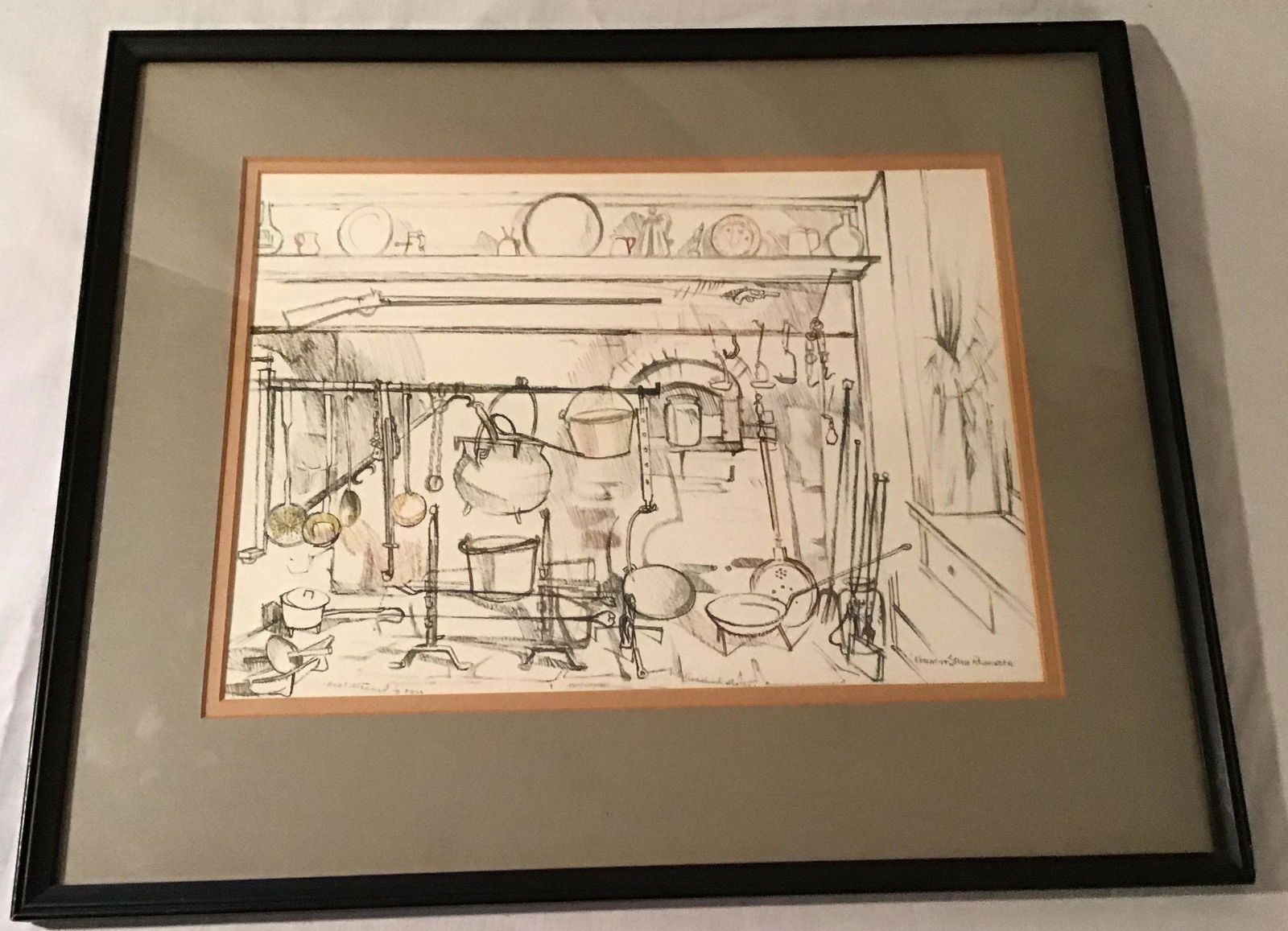 Mixed Media Sketch: Mixed media sketch, interior still life scene of an old time traditional fireplace w/a long rifle & a variety of kettles, cooking utensils, andirons, betty lamps & trammels, etc., signed in pencil Kat