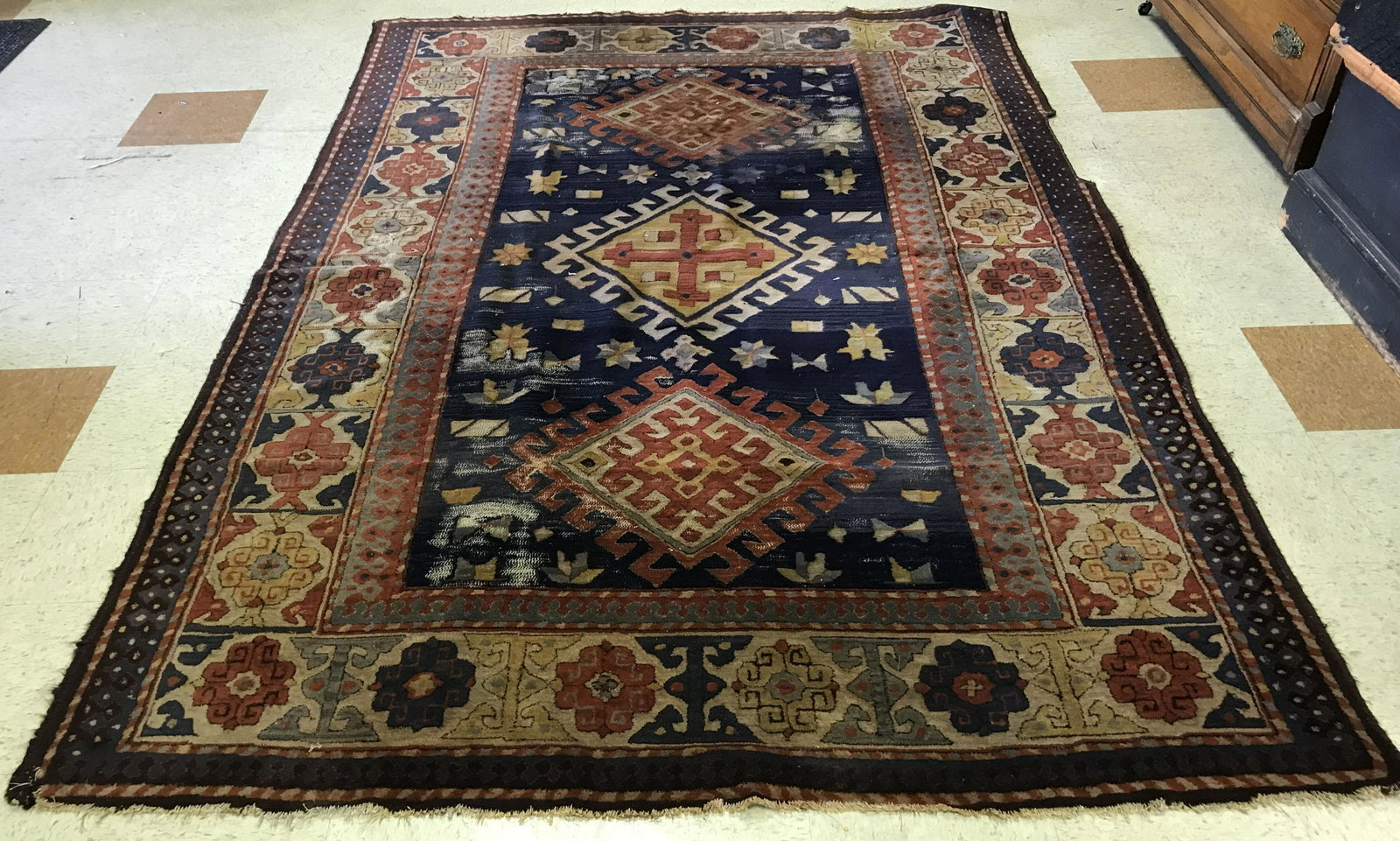 Kazak Area Rug: Kazak area rug, showing wear, 6' x 8'8"