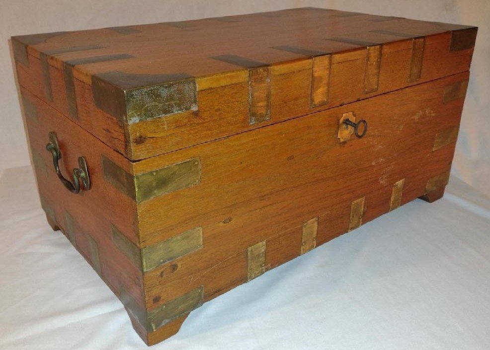 Small Asian Portable Chest: Small Asian wooden portable chest w/brass corners, mounts, keyhole escutcheon, key and side bail handles, ending on small straight bracket feet, lid opens to numerous interior compartments, some w/lid