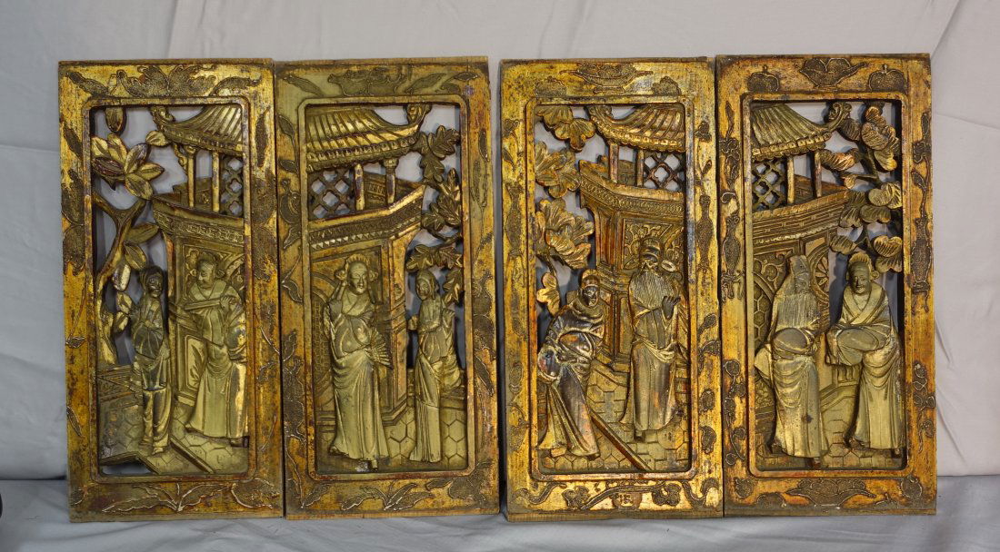 FOUR ANTIQUE CHINESE WOOD CARVED PLAQUES PANELS (1 of 7)