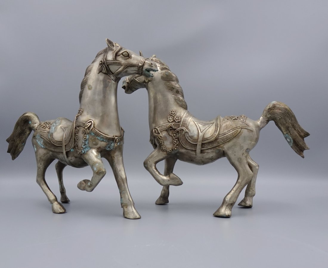 PAIR ANTIQUE CHINESE SILVER BRONZE TANG HORSES STATUE (1 of 7)