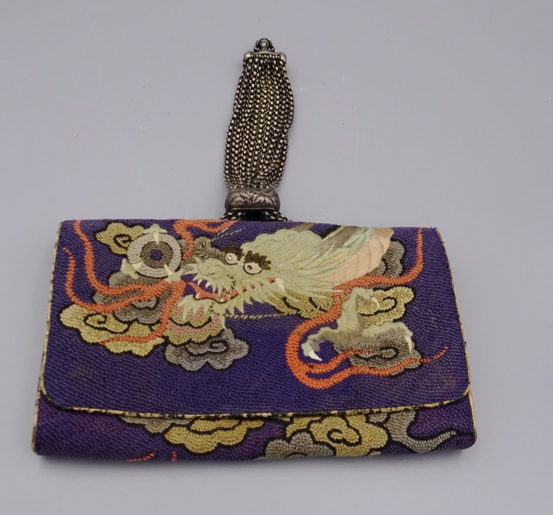 ANTIQUE JAPANESE MEIJI DRAGON EMBROIDERY TOBACCO POUCH: A beautiful early embroidery Japanese pouch in very nice clean condition-Measures 5.75" x 3.75" across pouch hangs 8" down from top of silver chain-ALL PACKING & SHIPPING IS OUTSOURCED.Purchases can b