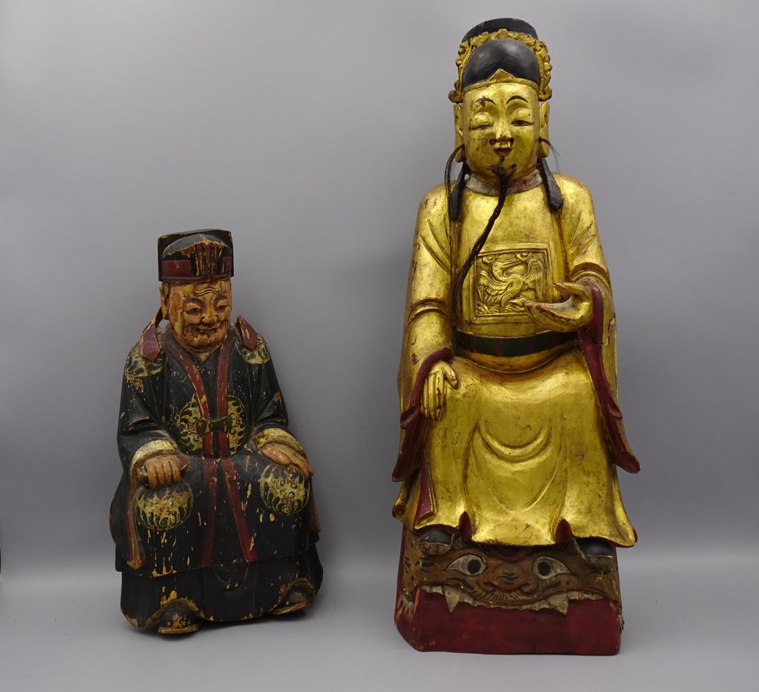 ANTIQUE TWO CHINESE GILT WOOD CARVED FIGURES ANCESTOR (1 of 19)