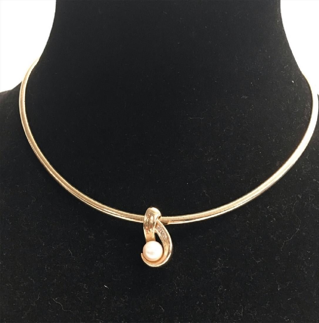 14K GOLD OMEGA NECKLACE PEARL DIAMOND PENDANT (1 of 7)
